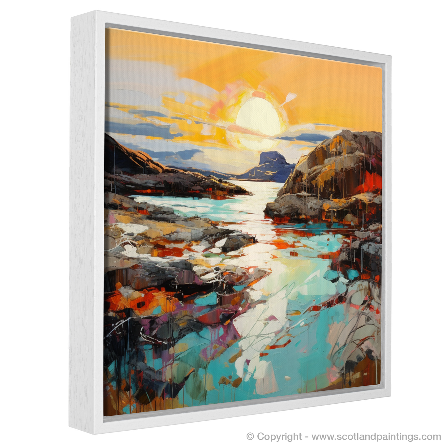 Painting and Art Print of Achmelvich Bay at golden hour entitled "Golden Hour at Achmelvich Bay: An Expressionist Ode to Scottish Coves".