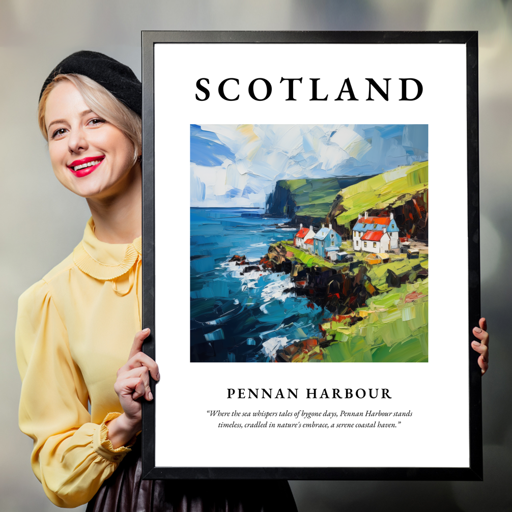 Person holding a poster of Pennan Harbour