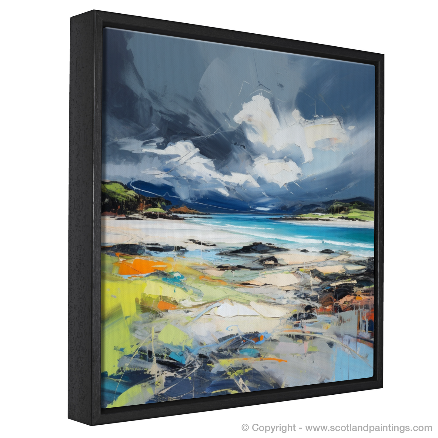 Painting and Art Print of Arisaig Beach with a stormy sky entitled "Storm's Embrace: Arisaig Beach in Expressionist Colour".