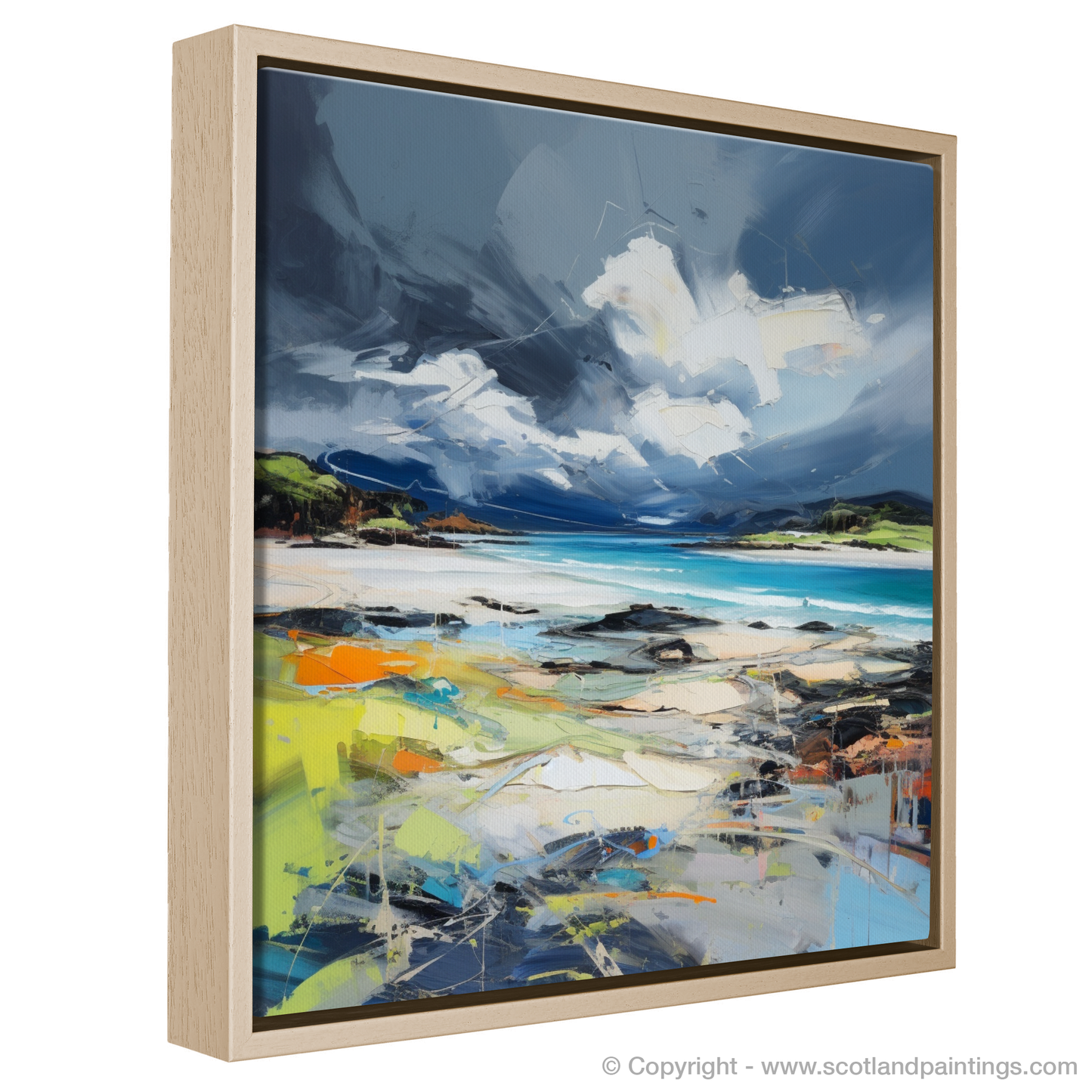 Painting and Art Print of Arisaig Beach with a stormy sky entitled "Storm's Embrace: Arisaig Beach in Expressionist Colour".