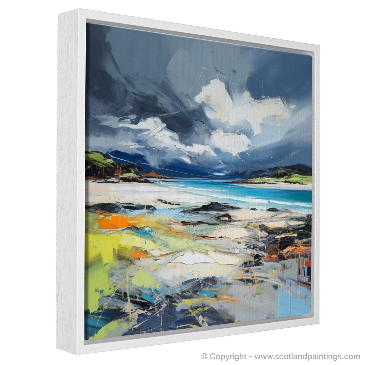 Painting and Art Print of Arisaig Beach with a stormy sky entitled "Storm's Embrace: Arisaig Beach in Expressionist Colour".