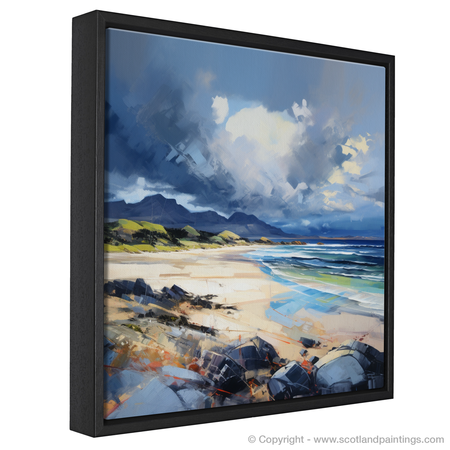 Painting and Art Print of Arisaig Beach with a stormy sky entitled "Stormy Skies over Arisaig Beach".