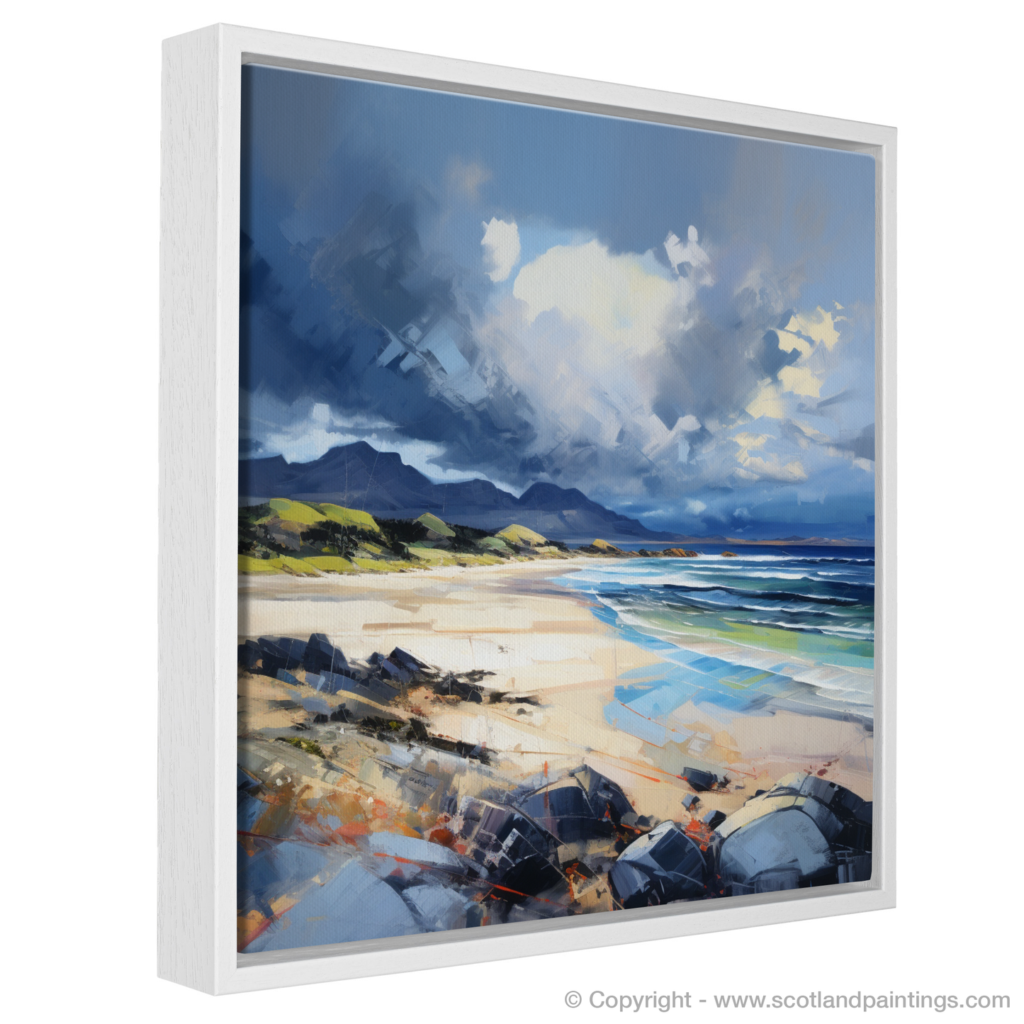 Painting and Art Print of Arisaig Beach with a stormy sky entitled "Stormy Skies over Arisaig Beach".