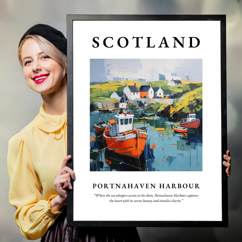 Person holding a poster of Portnahaven Harbour