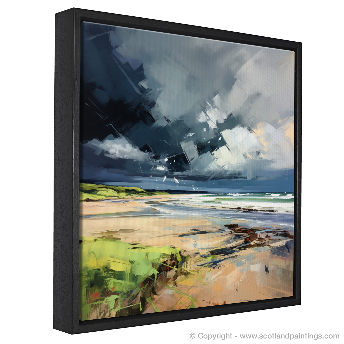 Painting and Art Print of Gullane Beach with a stormy sky. Storm's Embrace: An Expressionist Ode to Gullane Beach.