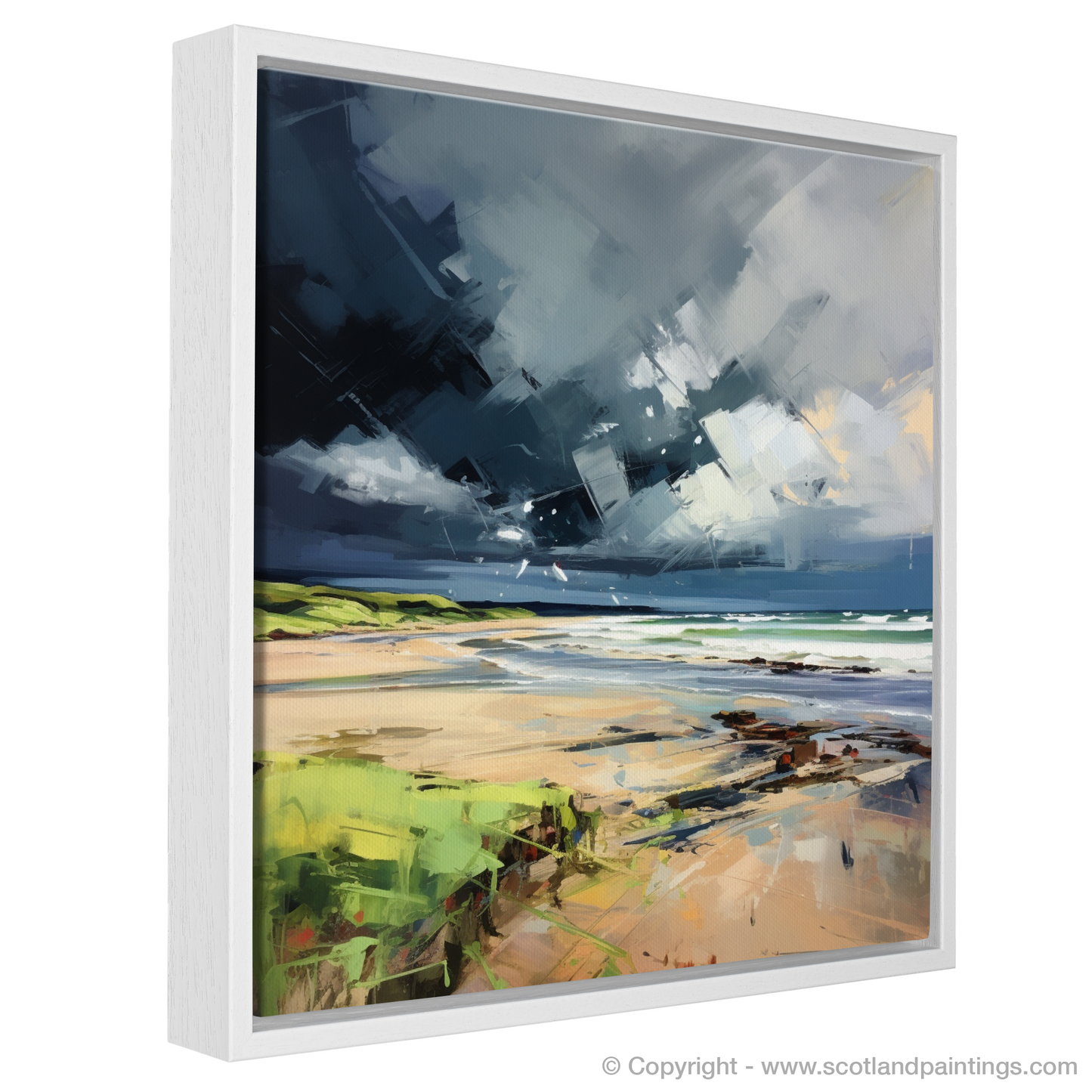 Painting and Art Print of Gullane Beach with a stormy sky. Storm's Embrace: An Expressionist Ode to Gullane Beach.