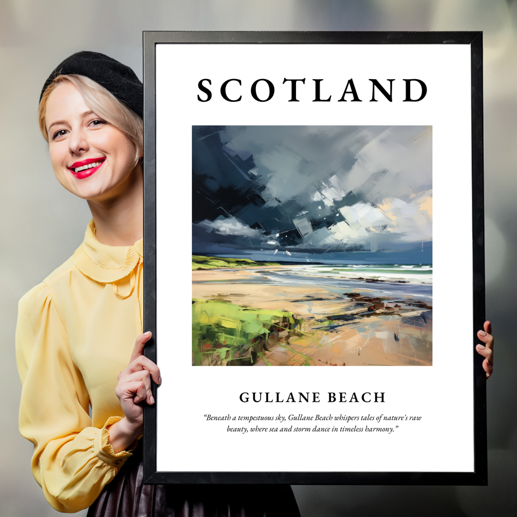 Person holding a poster of Gullane Beach