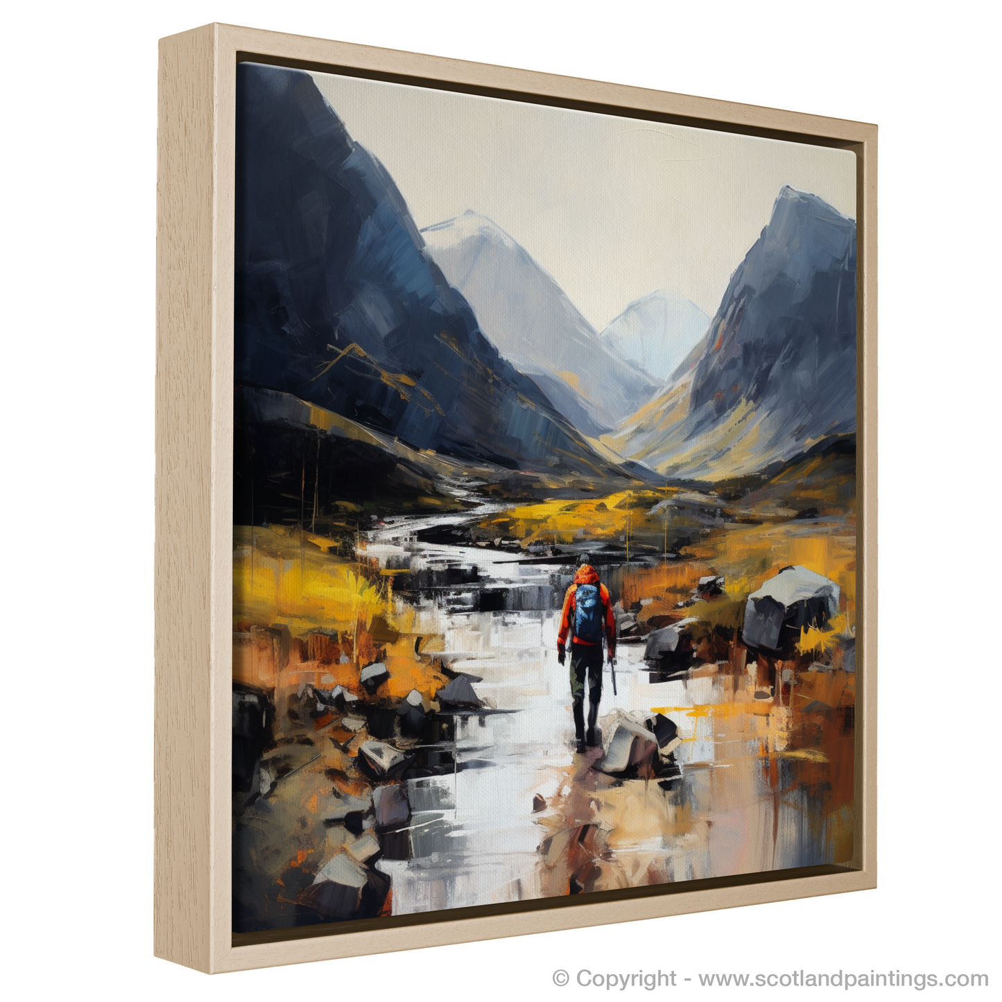 Painting and Art Print of Walker crossing River Coe in Glencoe entitled "Crossing River Coe: An Expressionist Journey through Glencoe".