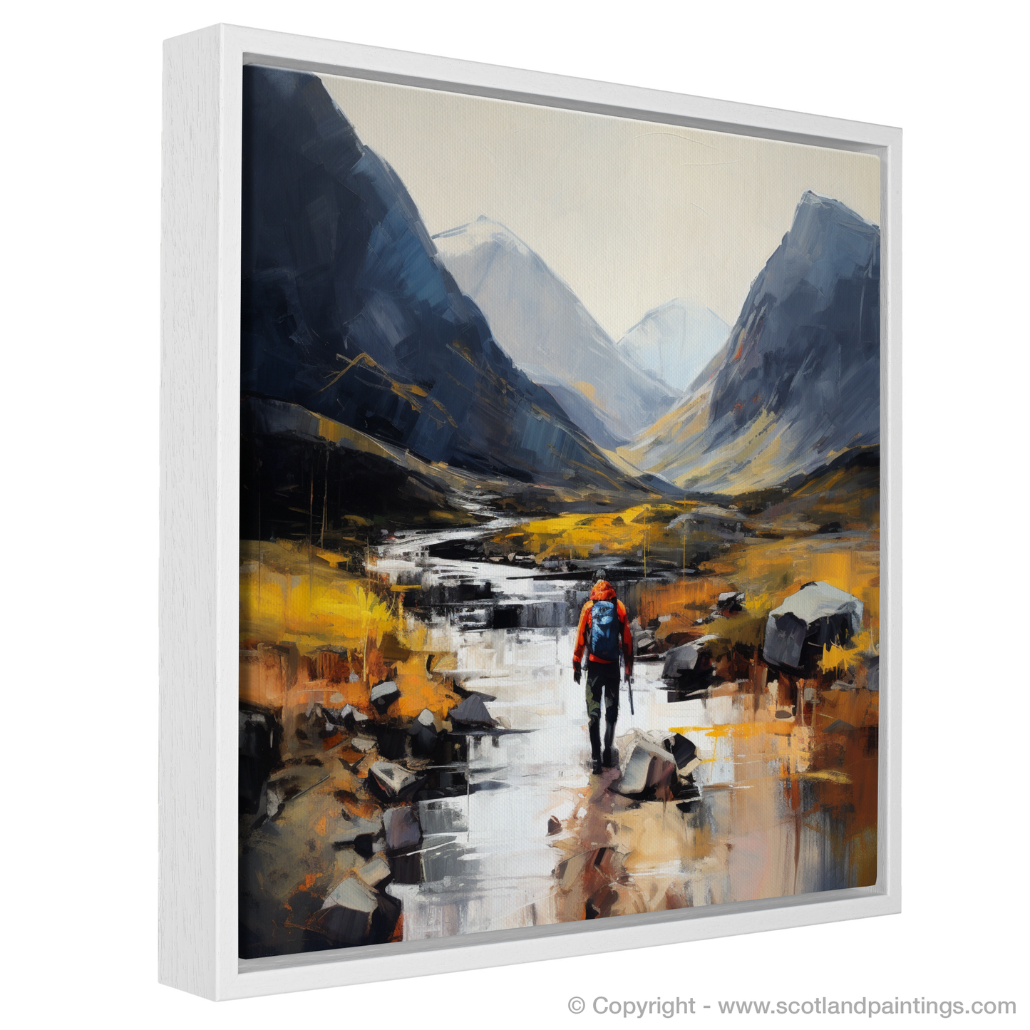 Painting and Art Print of Walker crossing River Coe in Glencoe entitled "Crossing River Coe: An Expressionist Journey through Glencoe".