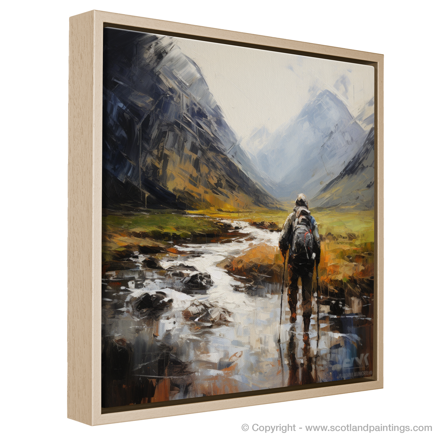 Painting and Art Print of Walker crossing River Coe in Glencoe entitled "Walker's Contemplation: An Expressionist Journey through Glencoe's Wild Terrain".