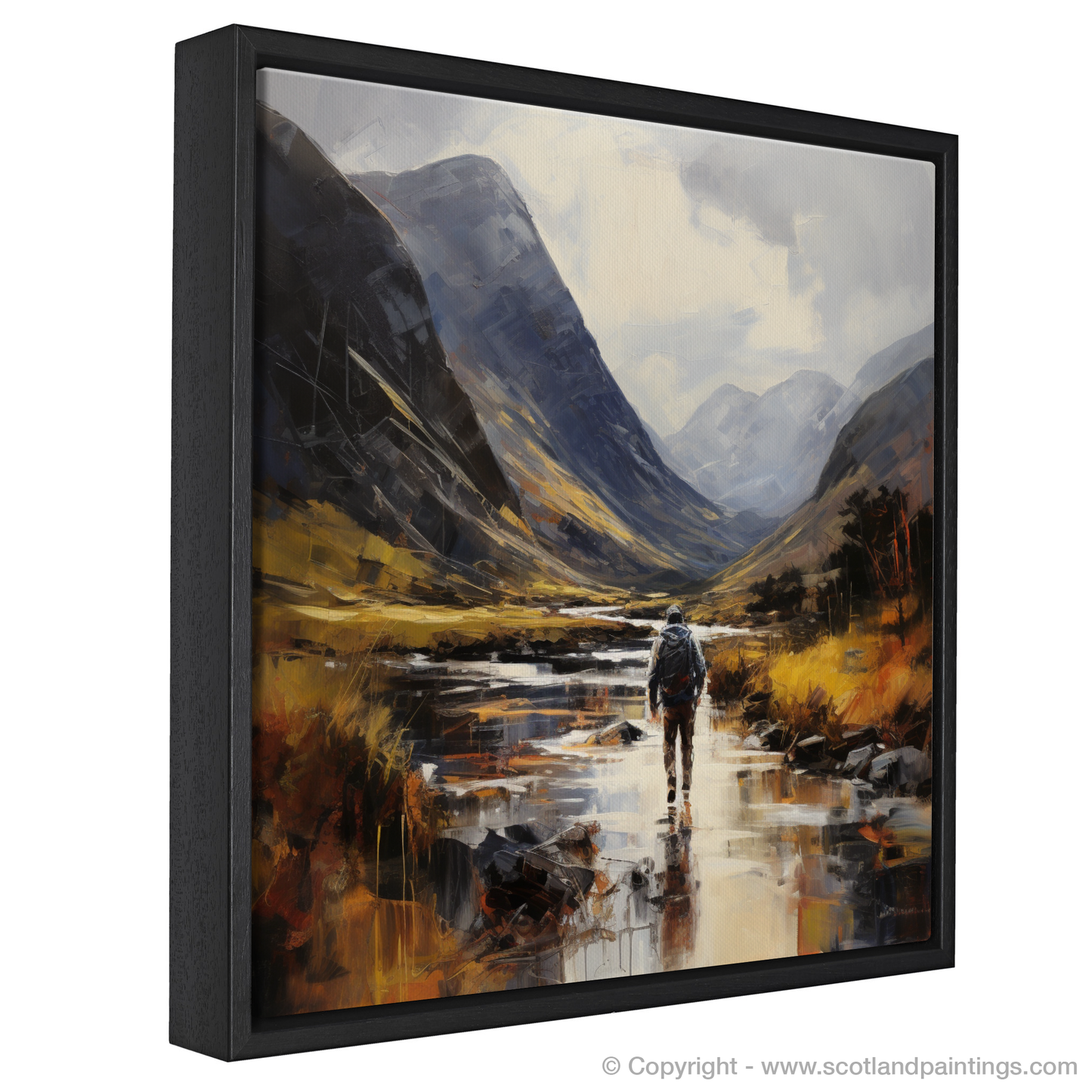 Painting and Art Print of Walker crossing River Coe in Glencoe entitled "Walker's Odyssey through Glencoe Highlands".