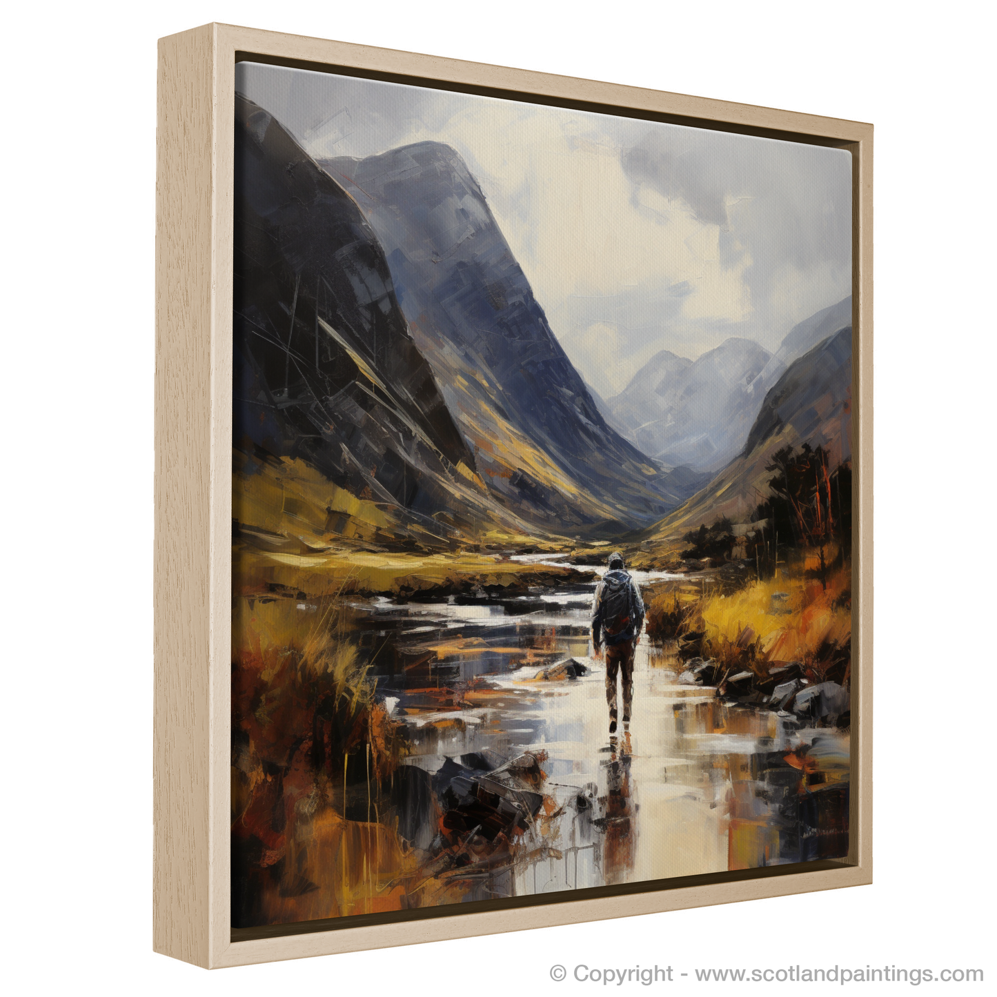 Painting and Art Print of Walker crossing River Coe in Glencoe entitled "Walker's Odyssey through Glencoe Highlands".