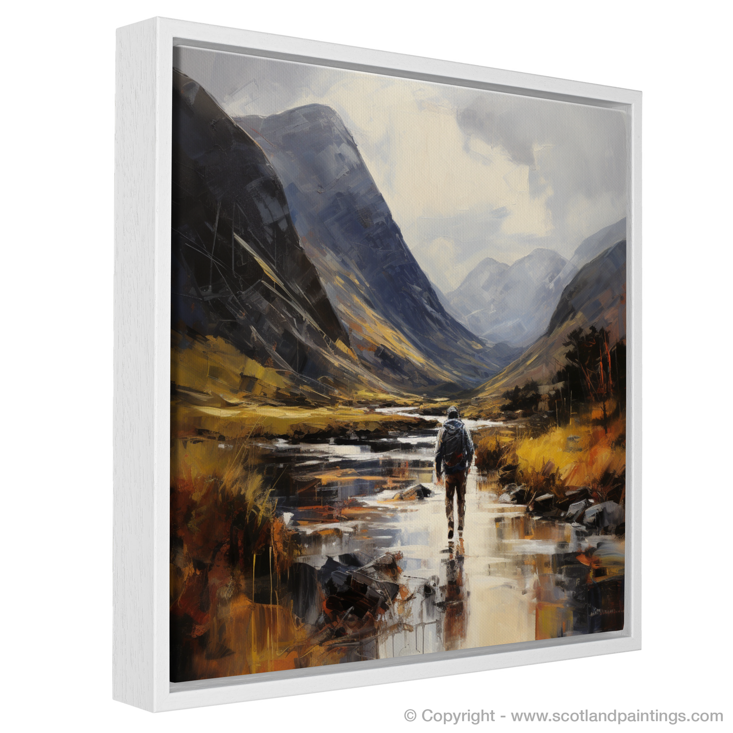 Painting and Art Print of Walker crossing River Coe in Glencoe entitled "Walker's Odyssey through Glencoe Highlands".