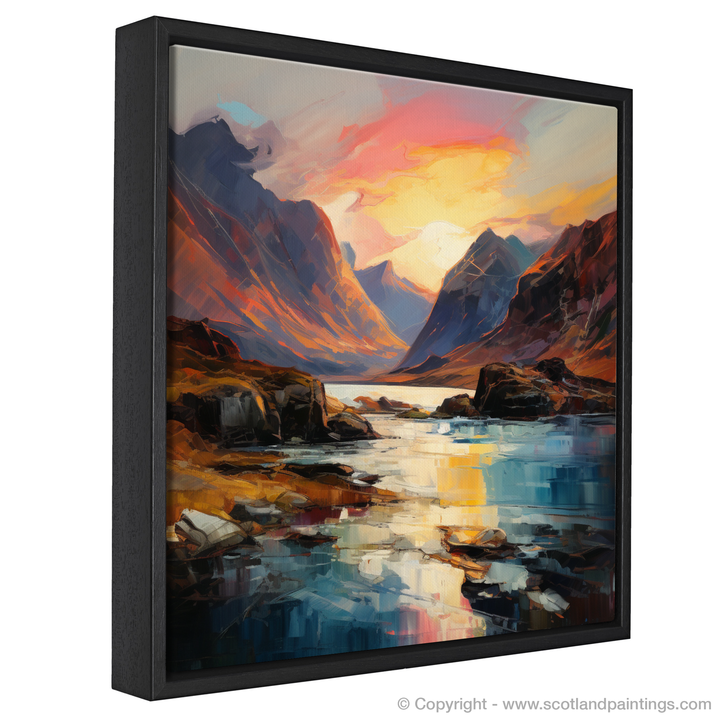 Painting and Art Print of Loch Coruisk at sunset entitled "Sunset Embrace at Loch Coruisk - An Expressionist Ode".