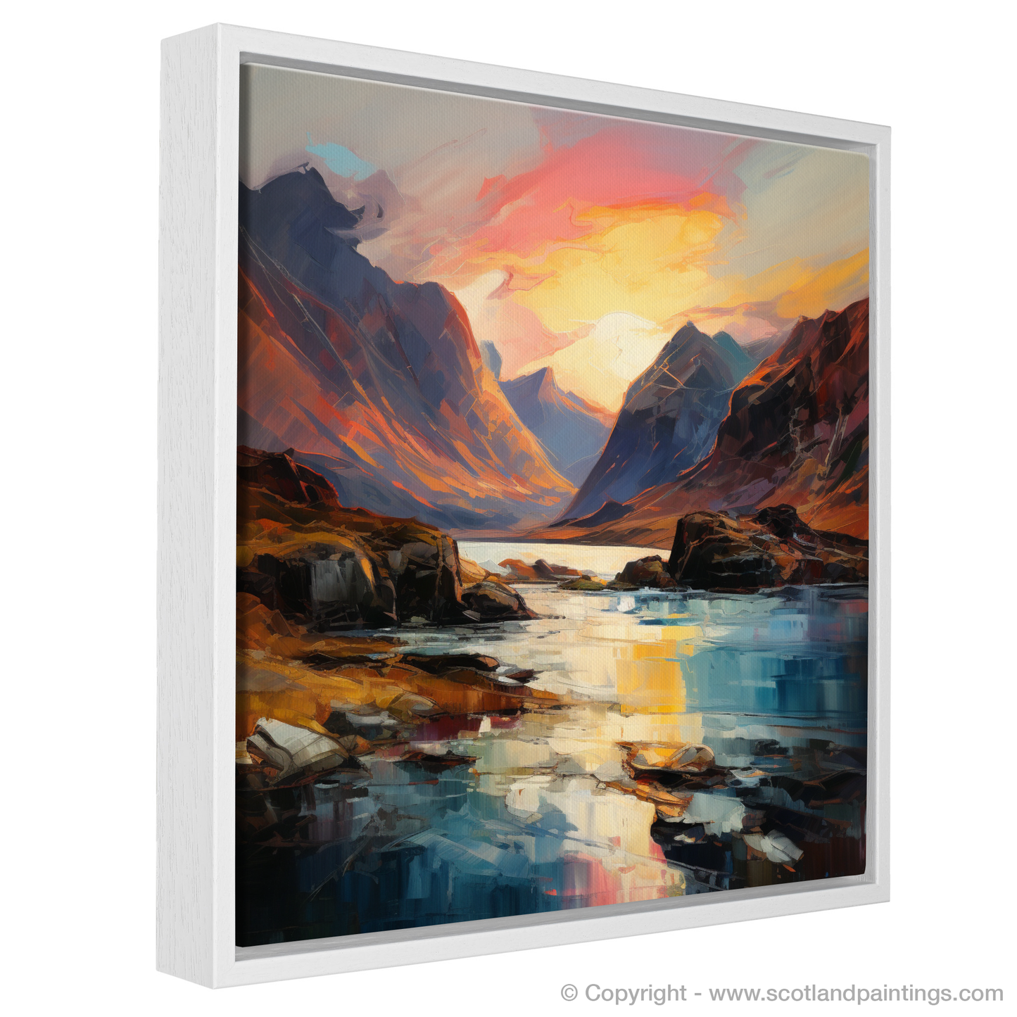 Painting and Art Print of Loch Coruisk at sunset entitled "Sunset Embrace at Loch Coruisk - An Expressionist Ode".