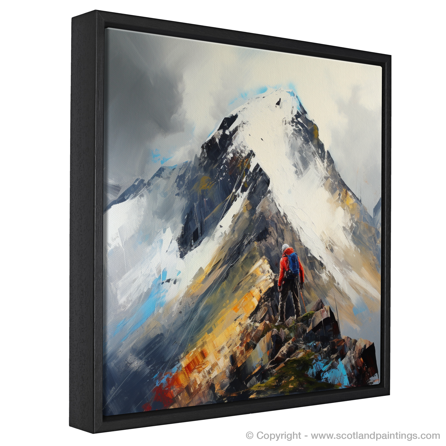 Painting and Art Print of Climber ascending misty peak in Glencoe entitled "Climber's Ascent: The Majesty of Misty Glencoe Peak".