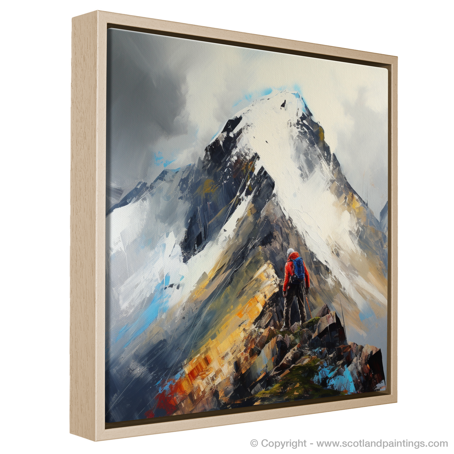 Painting and Art Print of Climber ascending misty peak in Glencoe entitled "Climber's Ascent: The Majesty of Misty Glencoe Peak".