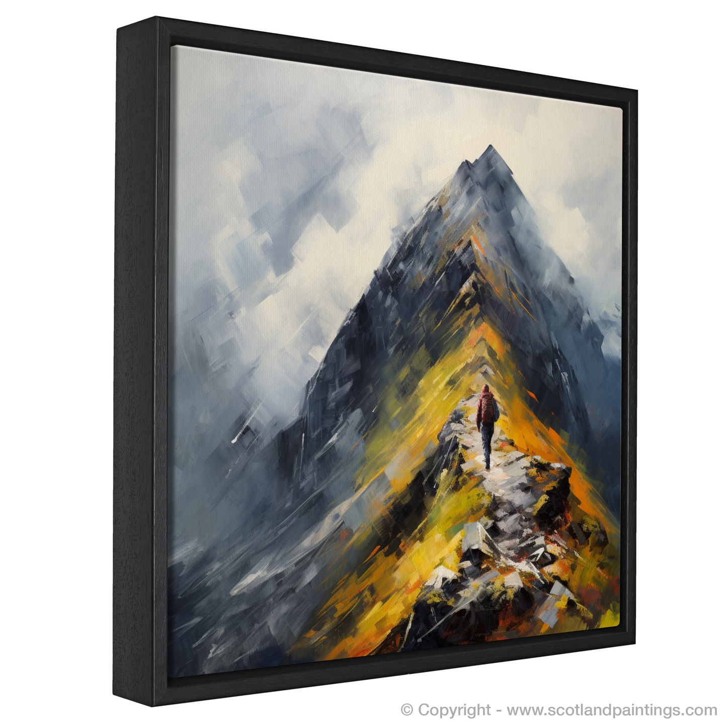 Painting and Art Print of Climber ascending misty peak in Glencoe entitled "Misty Ascent: The Solitary Journey of Glencoe".