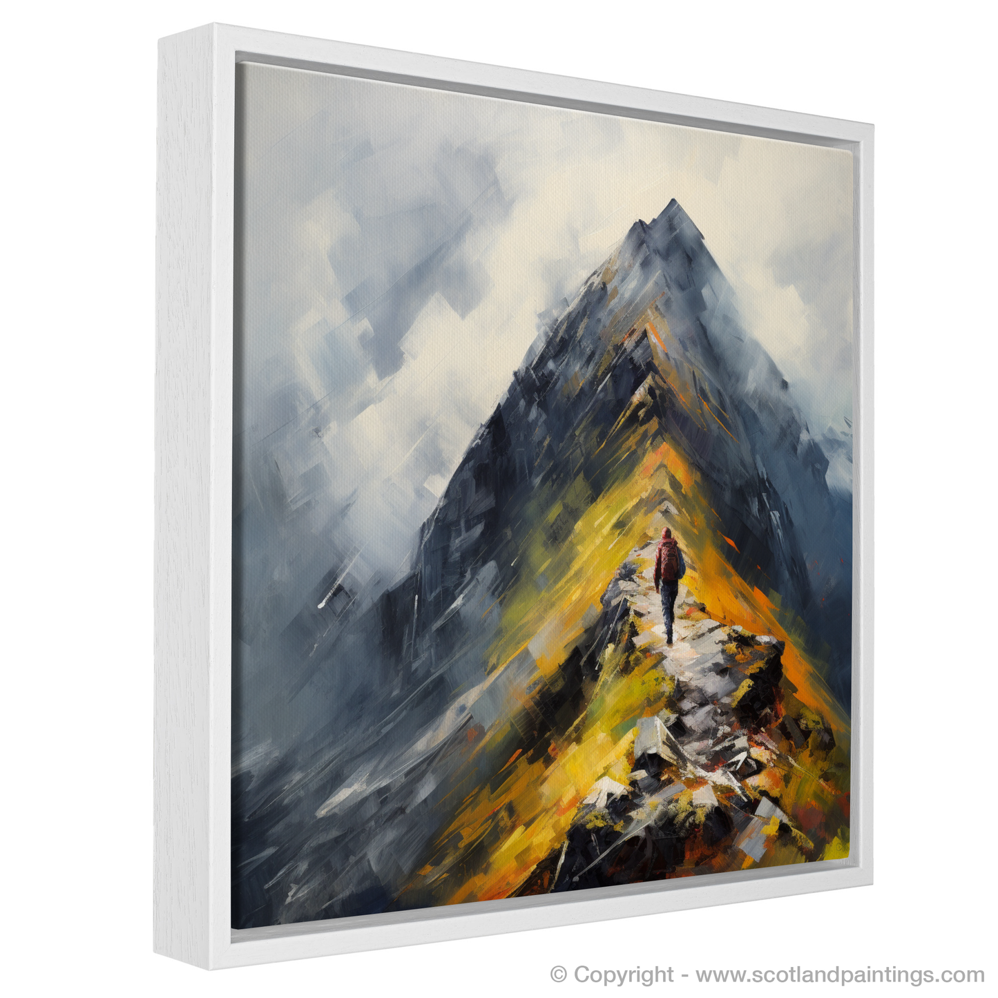 Painting and Art Print of Climber ascending misty peak in Glencoe entitled "Misty Ascent: The Solitary Journey of Glencoe".