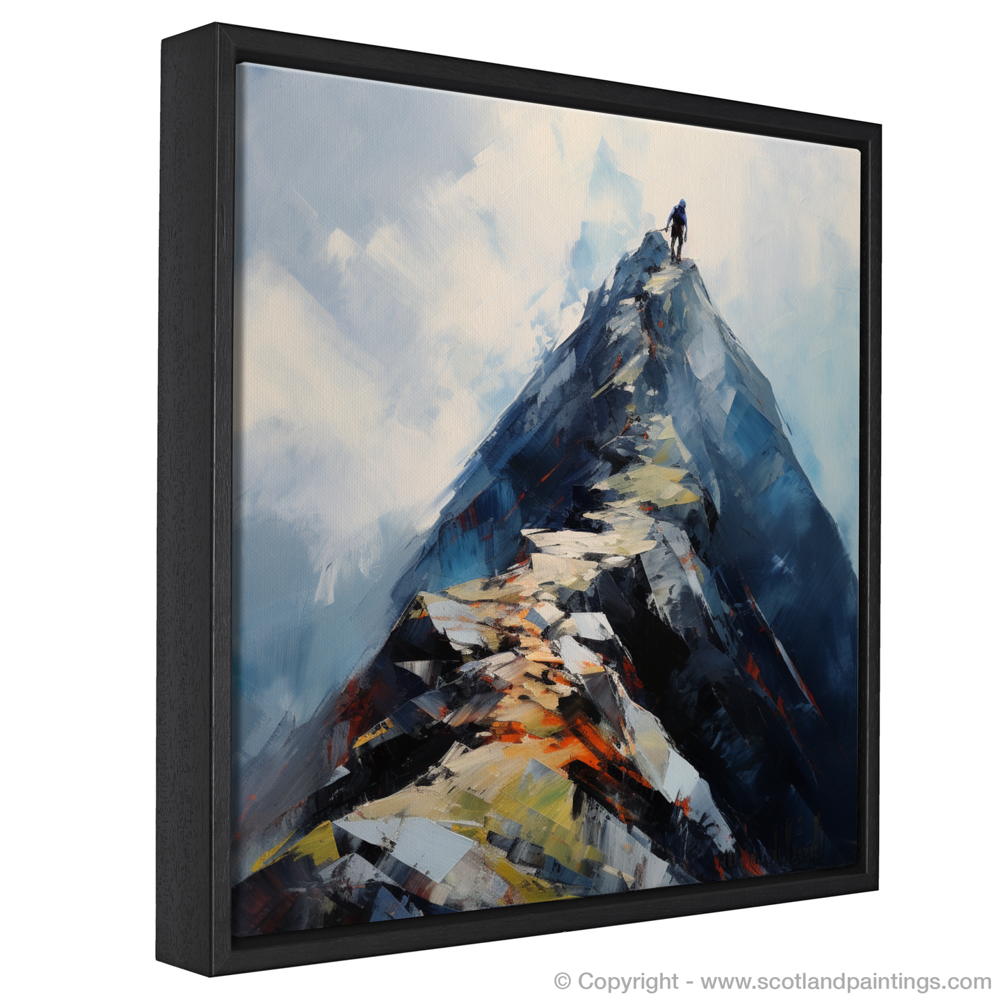 Painting and Art Print of Climber ascending misty peak in Glencoe entitled "Climber's Ascent: Mist and Majesty in Glencoe".