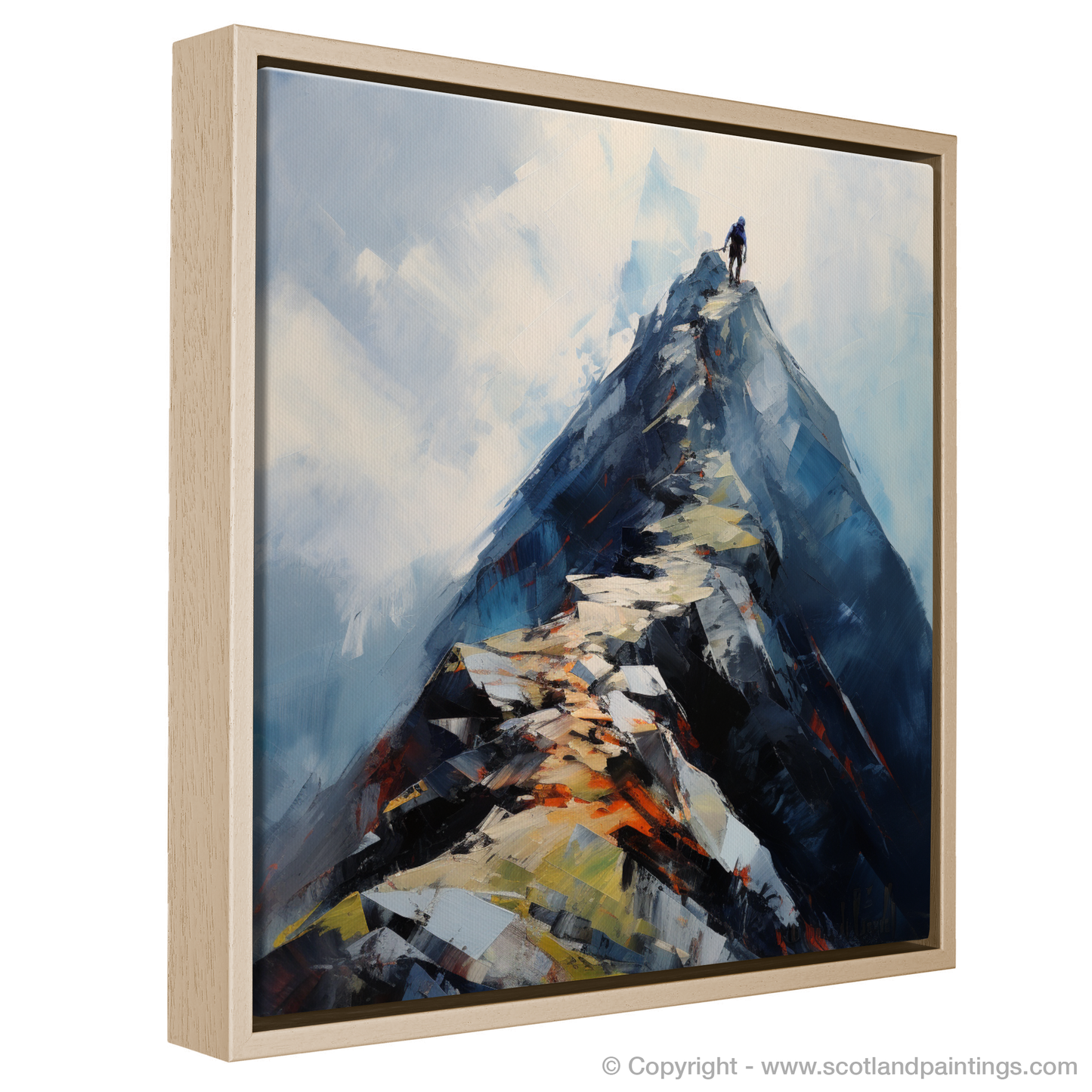 Painting and Art Print of Climber ascending misty peak in Glencoe entitled "Climber's Ascent: Mist and Majesty in Glencoe".