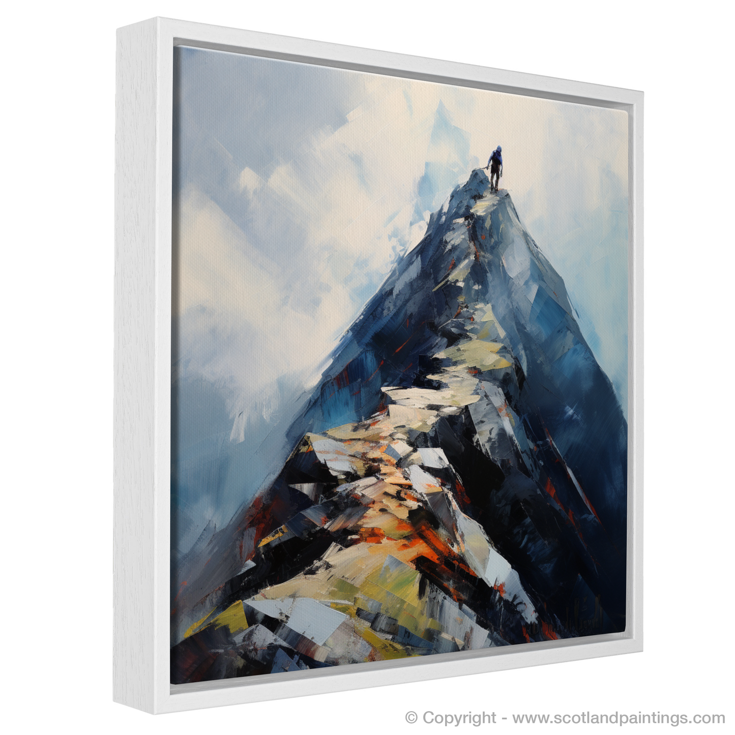 Painting and Art Print of Climber ascending misty peak in Glencoe entitled "Climber's Ascent: Mist and Majesty in Glencoe".