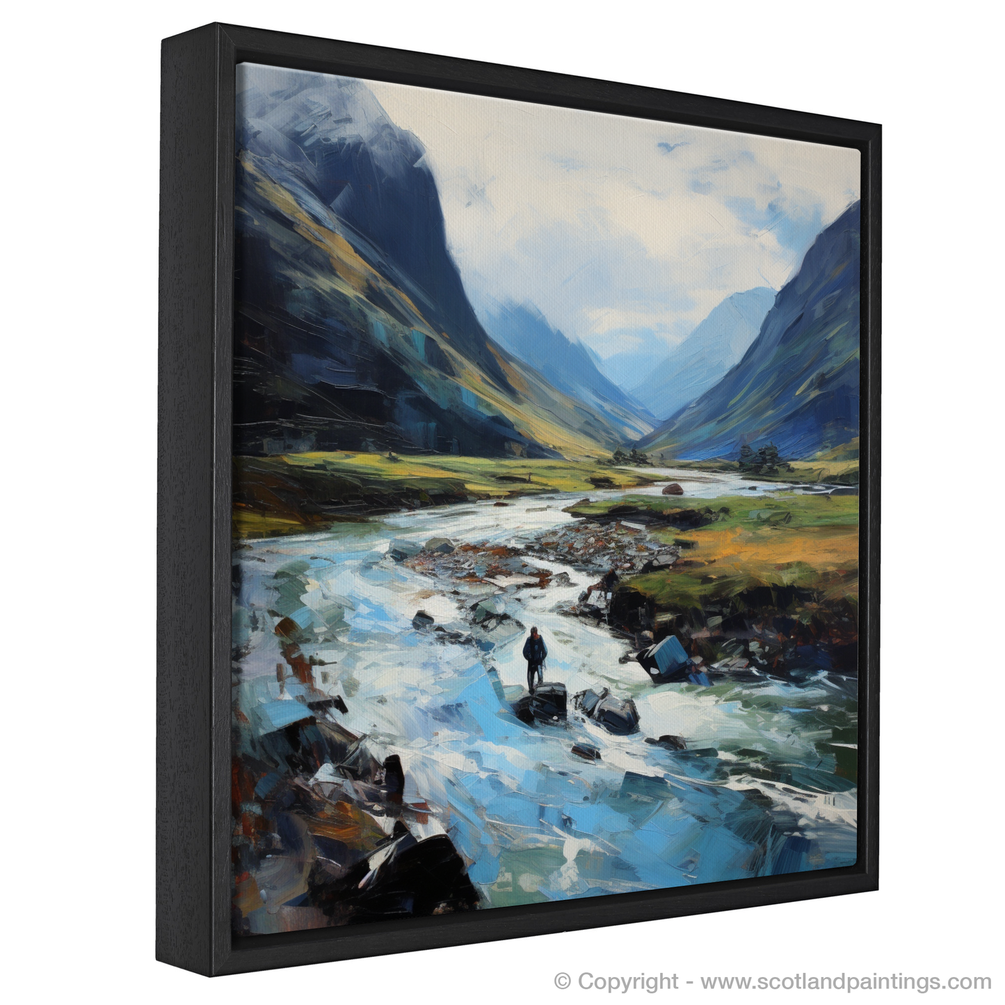 Painting and Art Print of Walker crossing River Coe in Glencoe entitled "Walker's Journey through the Wilds of Glencoe".