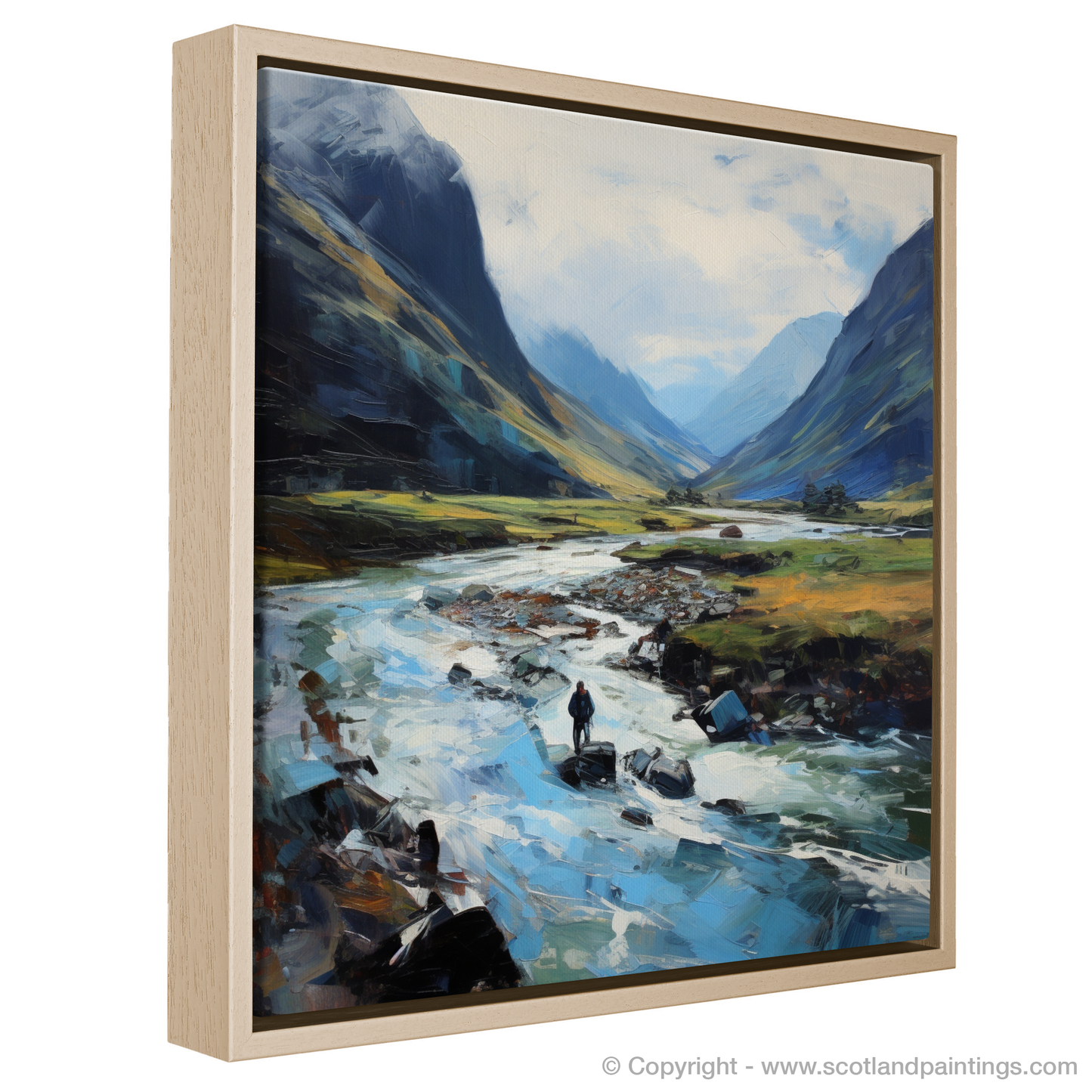 Painting and Art Print of Walker crossing River Coe in Glencoe entitled "Walker's Journey through the Wilds of Glencoe".