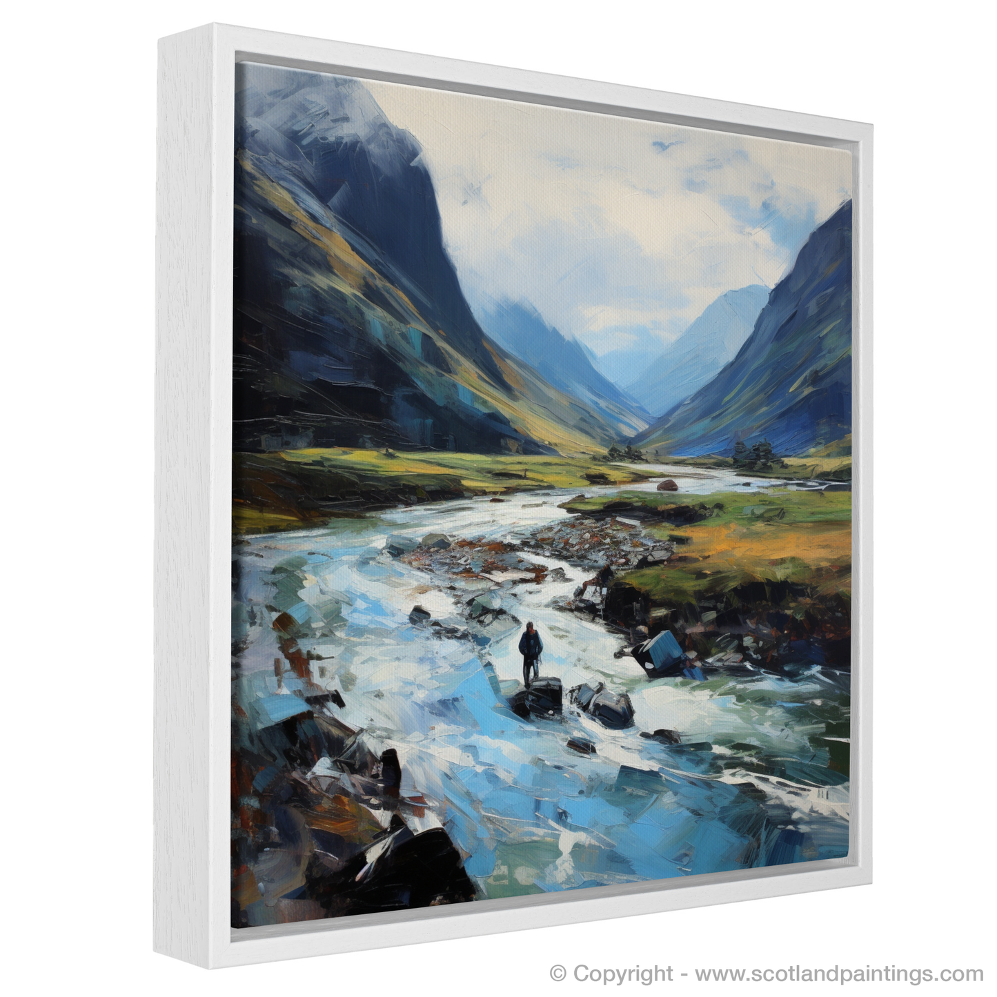 Painting and Art Print of Walker crossing River Coe in Glencoe entitled "Walker's Journey through the Wilds of Glencoe".