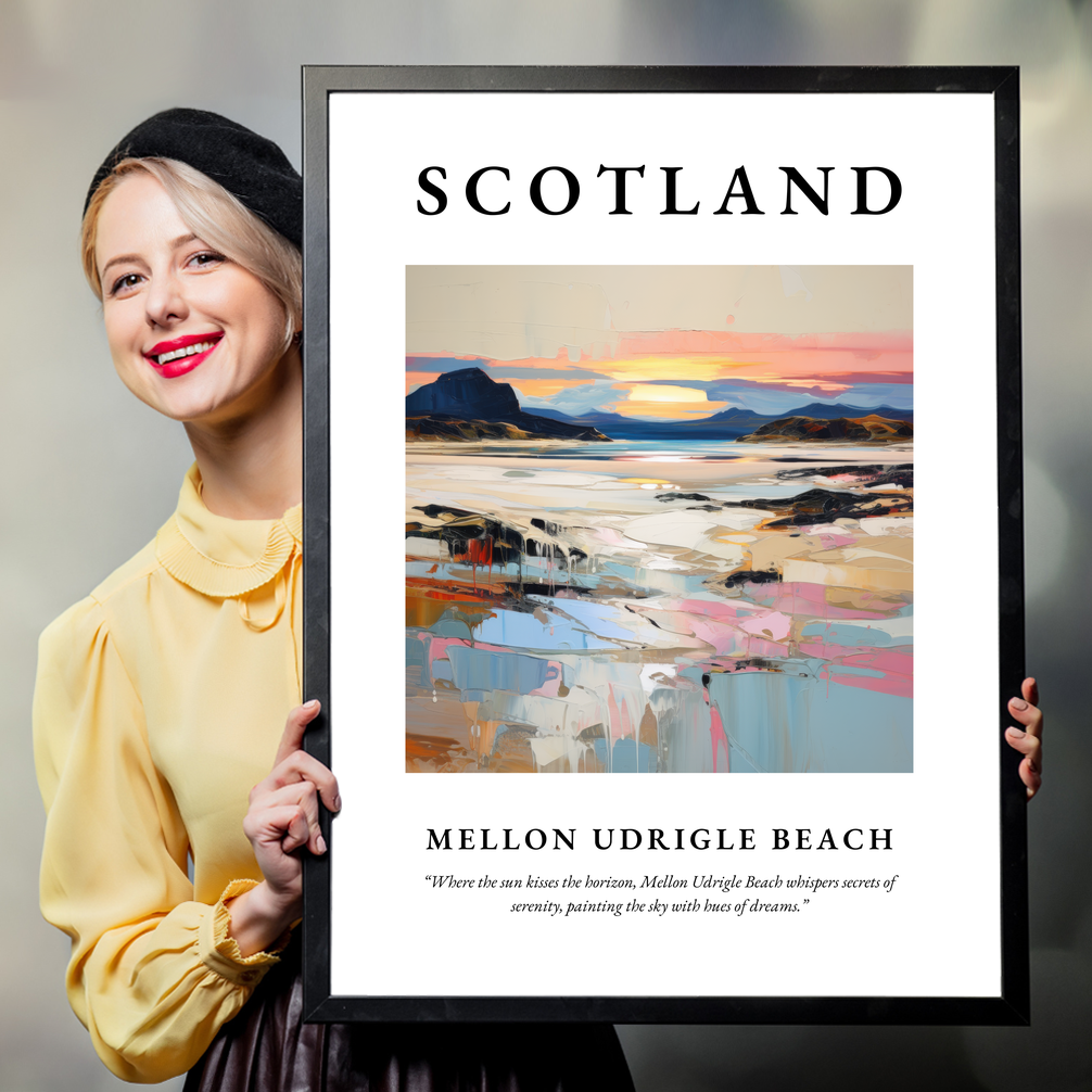 Person holding a poster of Mellon Udrigle Beach