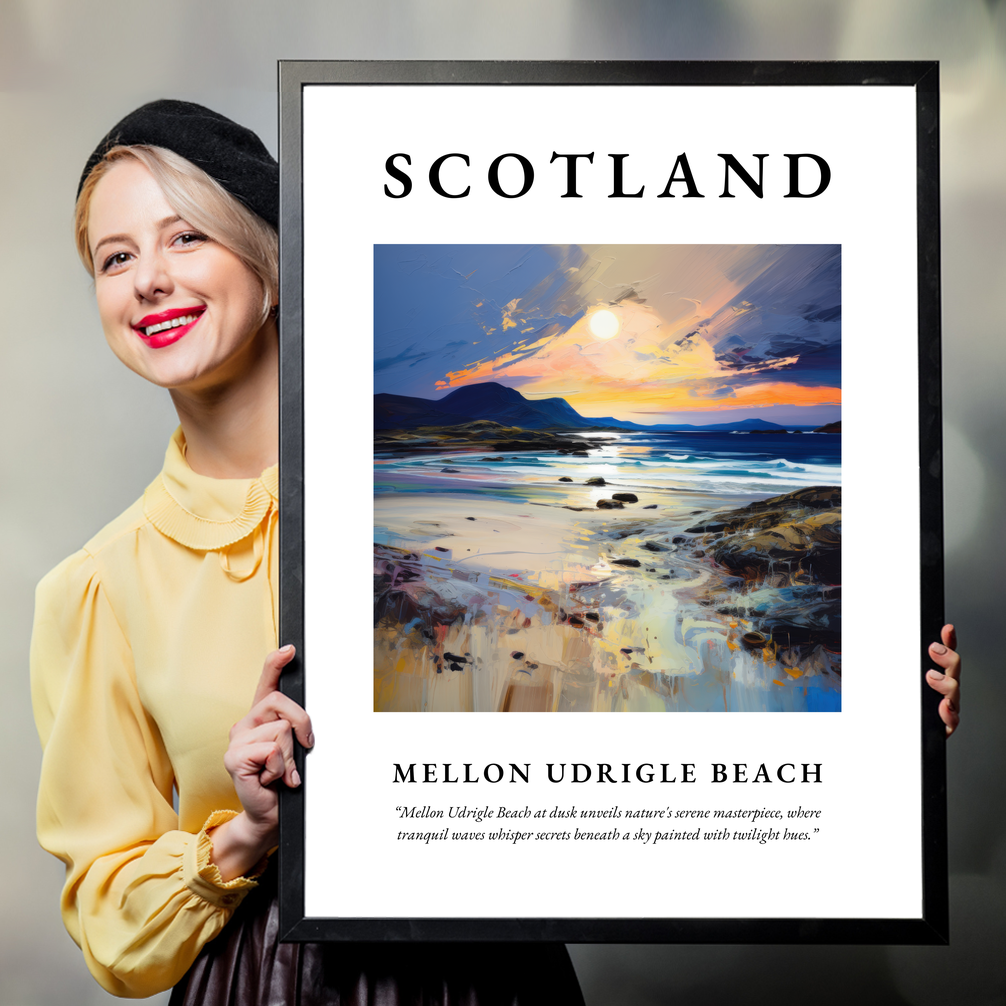 Person holding a poster of Mellon Udrigle Beach