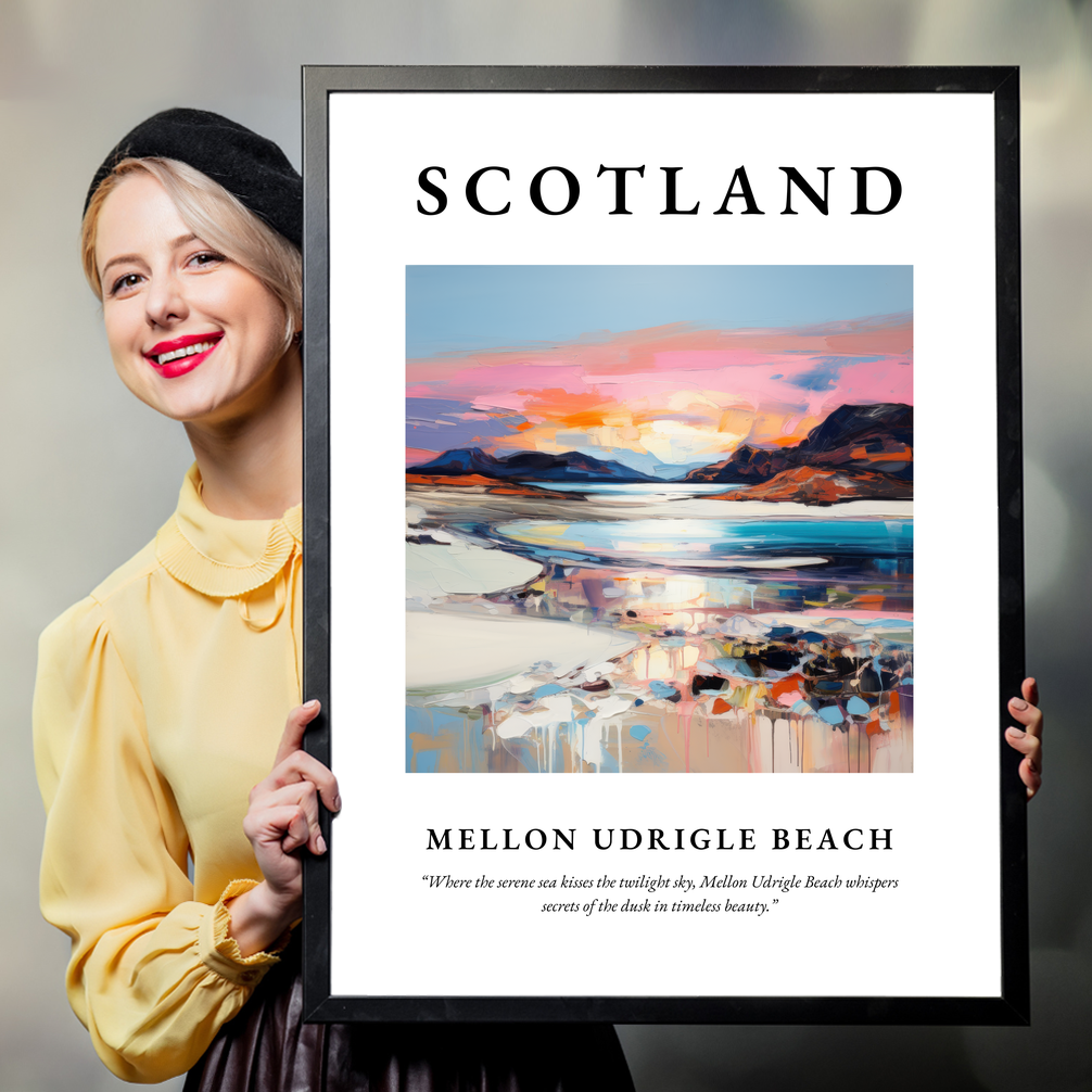 Person holding a poster of Mellon Udrigle Beach