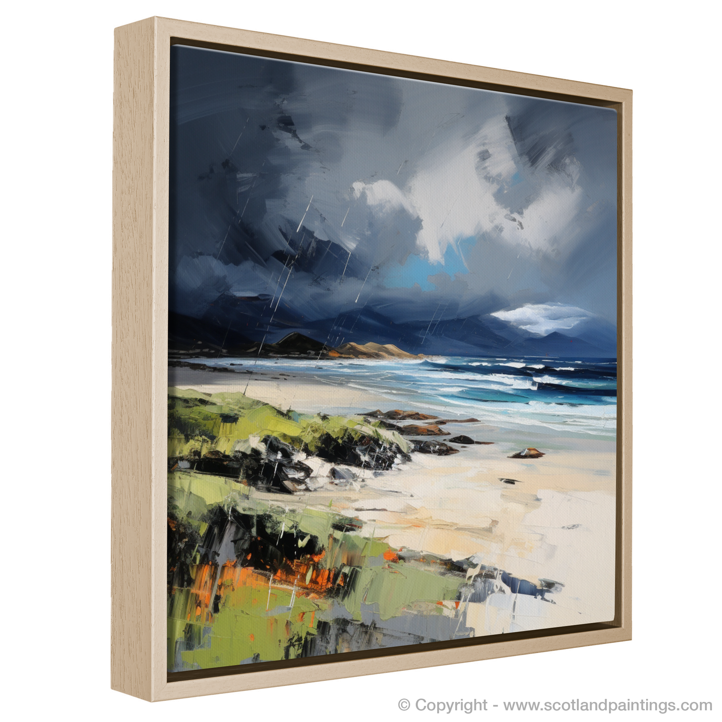 Painting and Art Print of Scarista Beach with a stormy sky. Storm's Embrace at Scarista Beach: An Expressionist Homage.