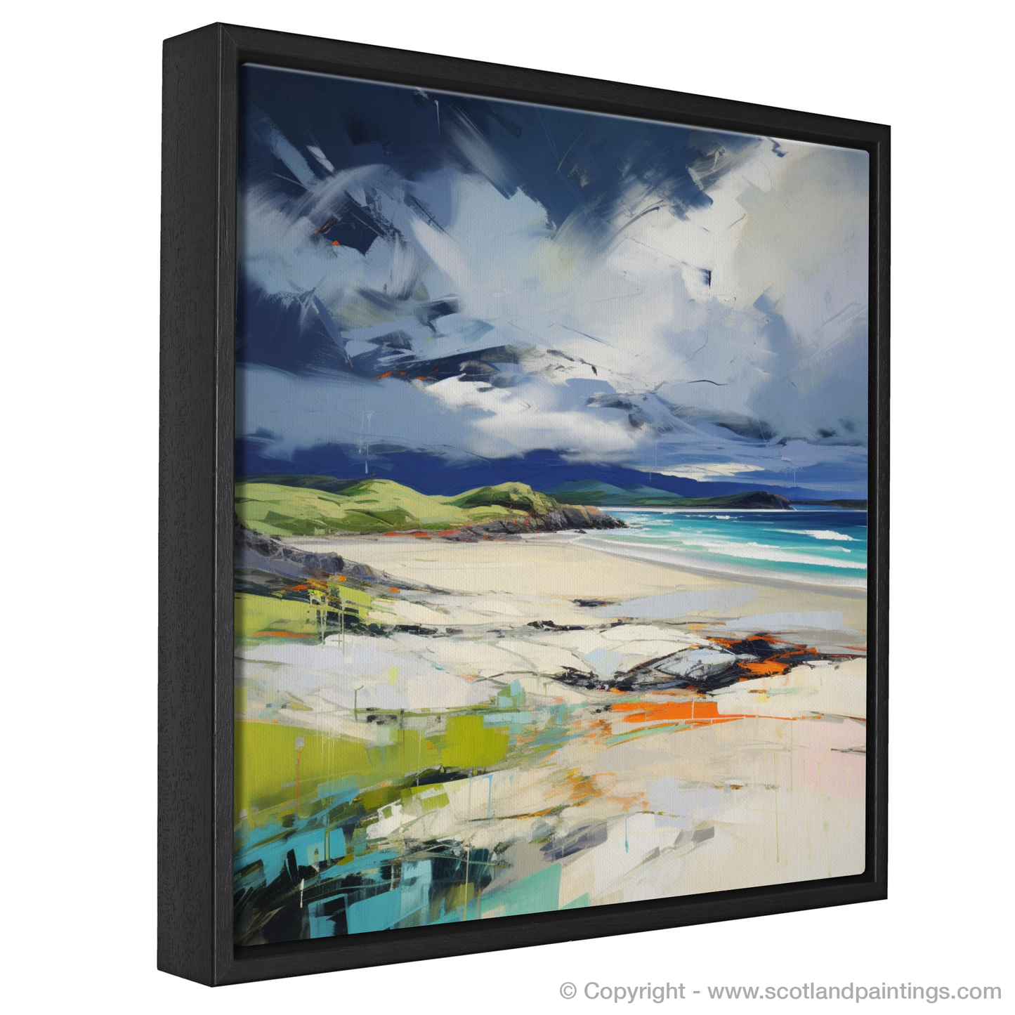 Painting and Art Print of Scarista Beach with a stormy sky entitled "Storm's Embrace at Scarista Beach".