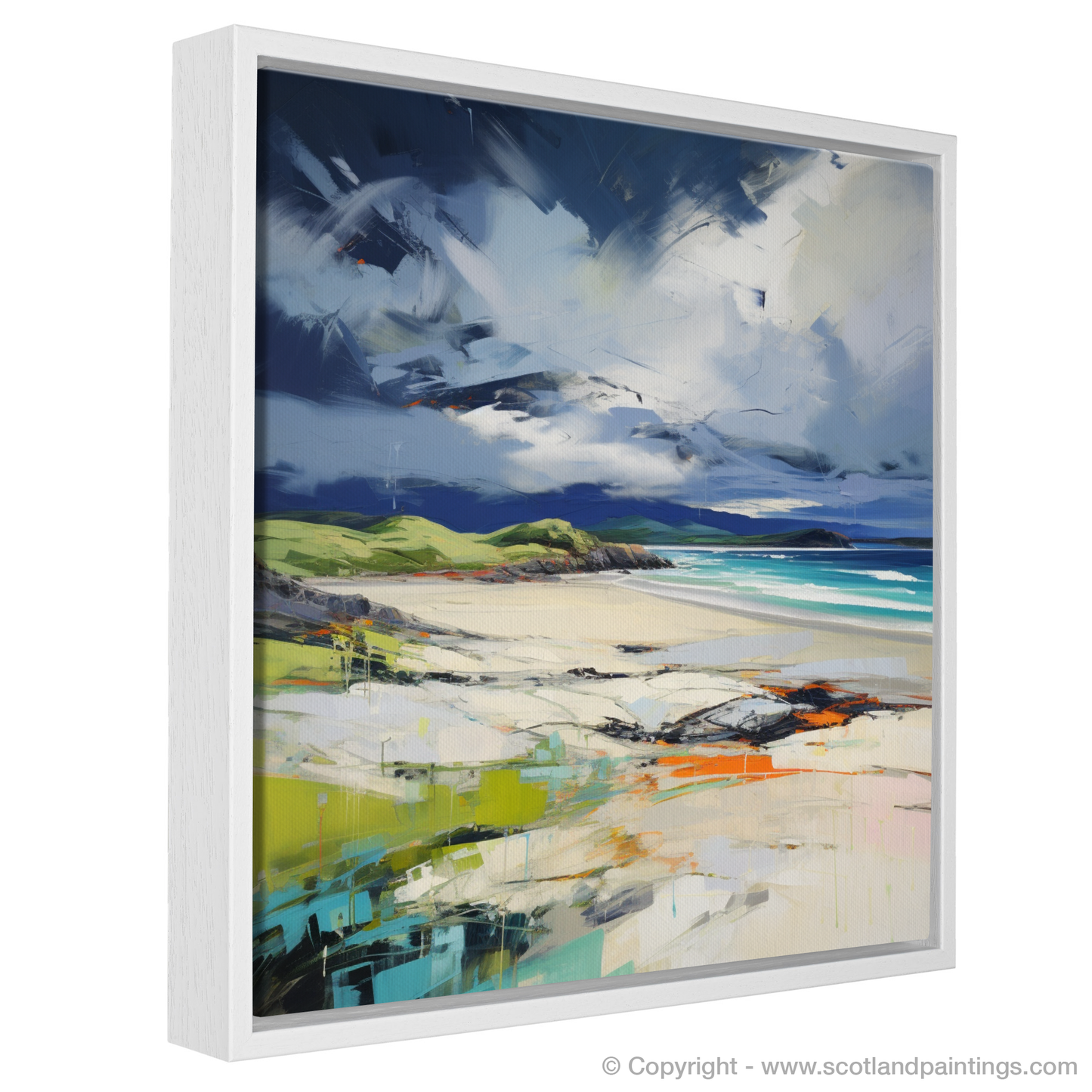 Painting and Art Print of Scarista Beach with a stormy sky entitled "Storm's Embrace at Scarista Beach".