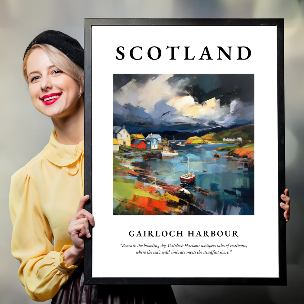 Person holding a poster of Gairloch Harbour