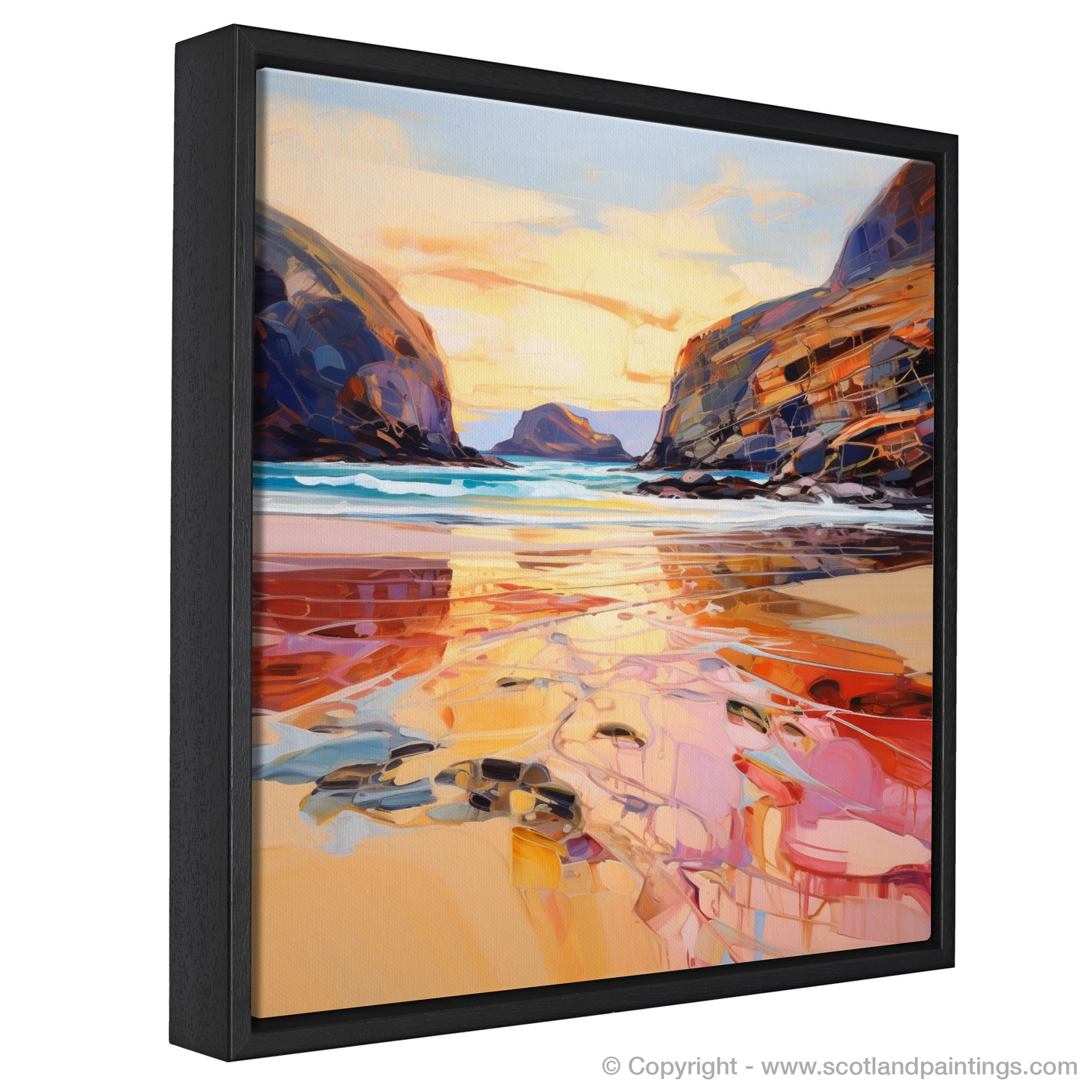 Painting and Art Print of Sandwood Bay at golden hour entitled "Golden Hour Embrace at Sandwood Bay".