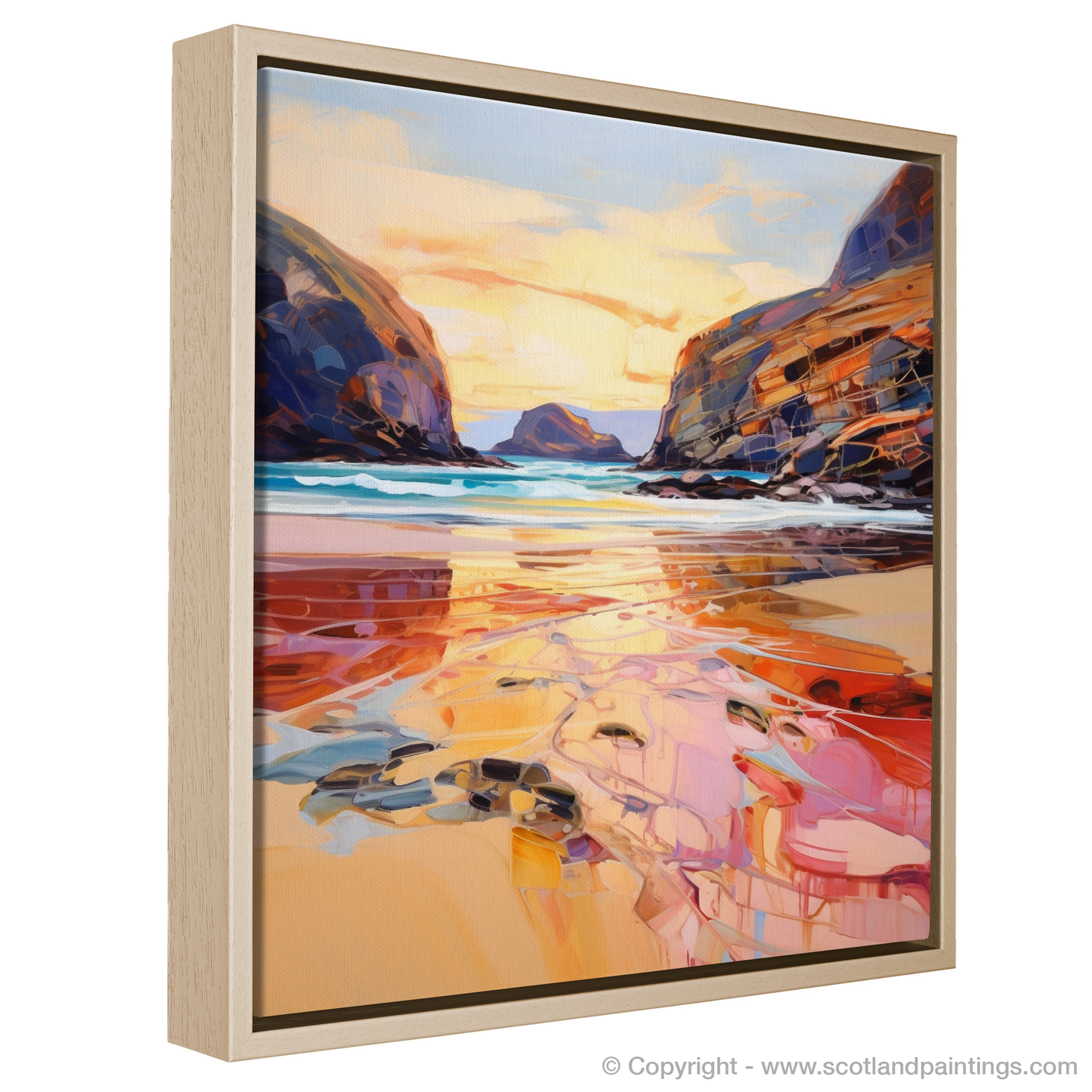 Painting and Art Print of Sandwood Bay at golden hour entitled "Golden Hour Embrace at Sandwood Bay".