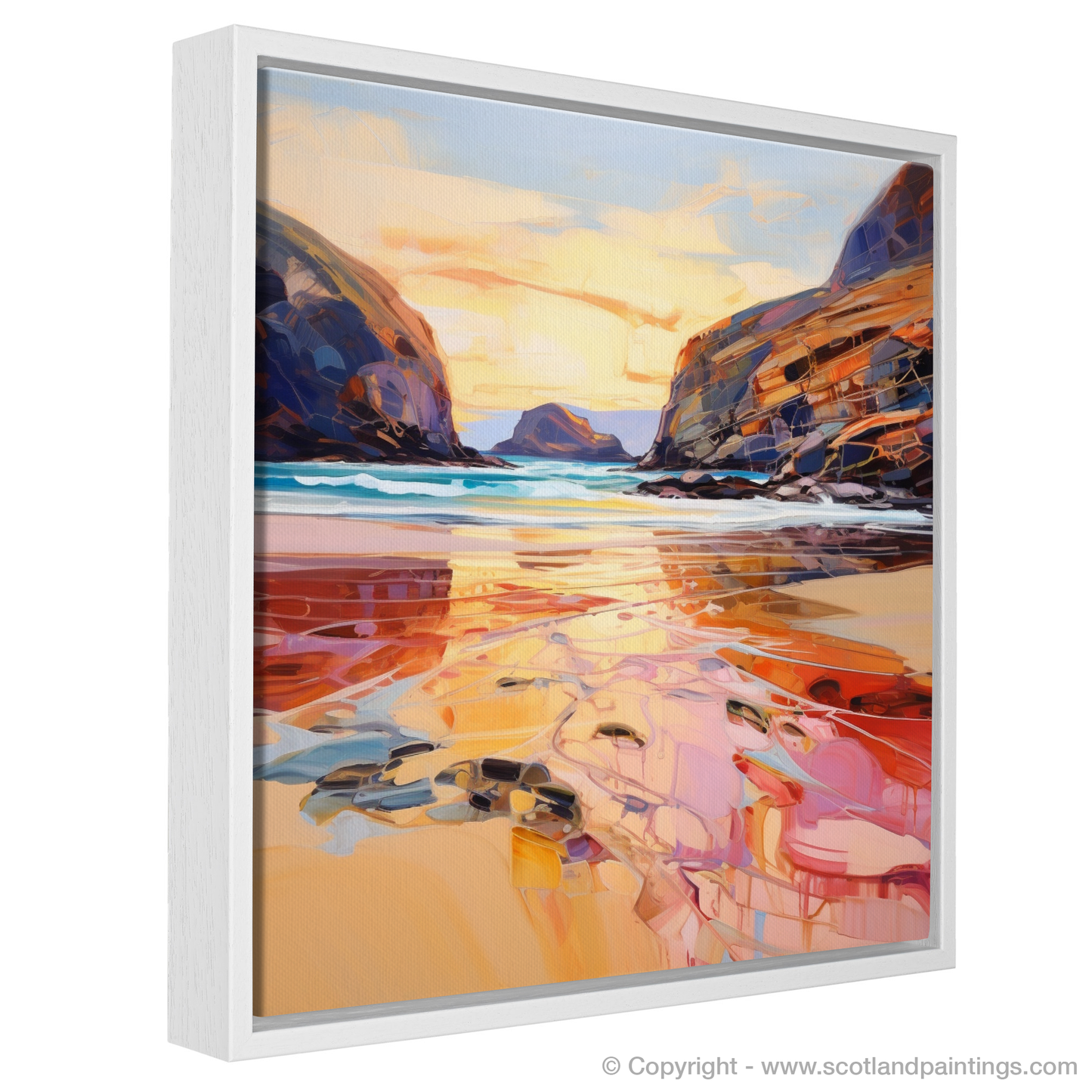 Painting and Art Print of Sandwood Bay at golden hour entitled "Golden Hour Embrace at Sandwood Bay".