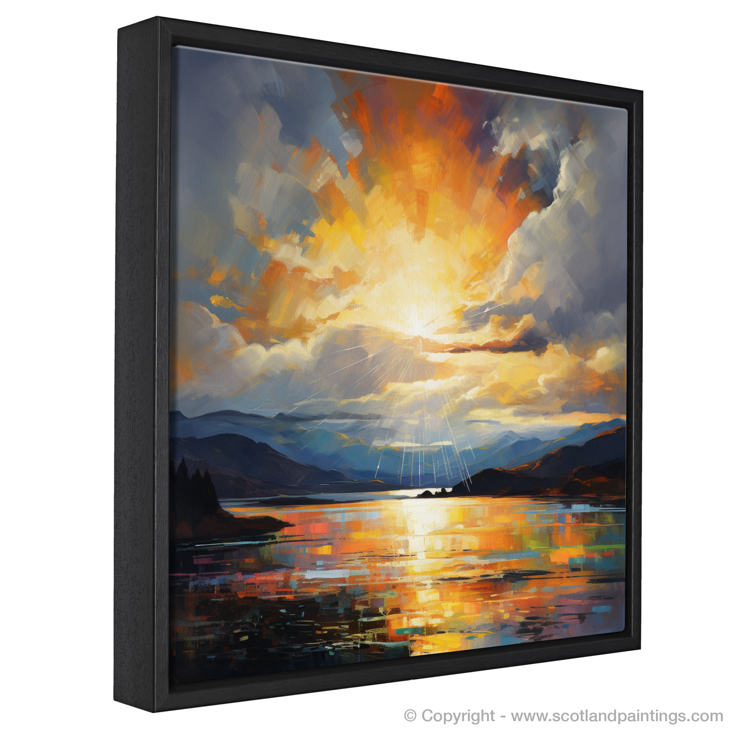 Painting and Art Print of Sun rays through clouds above Loch Lomond entitled "Sun Rays over Loch Lomond: An Expressionist Ode to Nature's Grandeur".