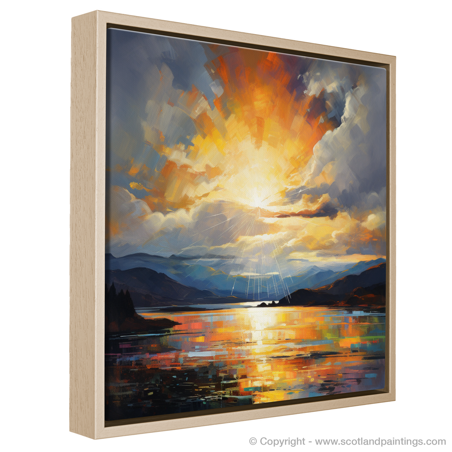 Painting and Art Print of Sun rays through clouds above Loch Lomond entitled "Sun Rays over Loch Lomond: An Expressionist Ode to Nature's Grandeur".