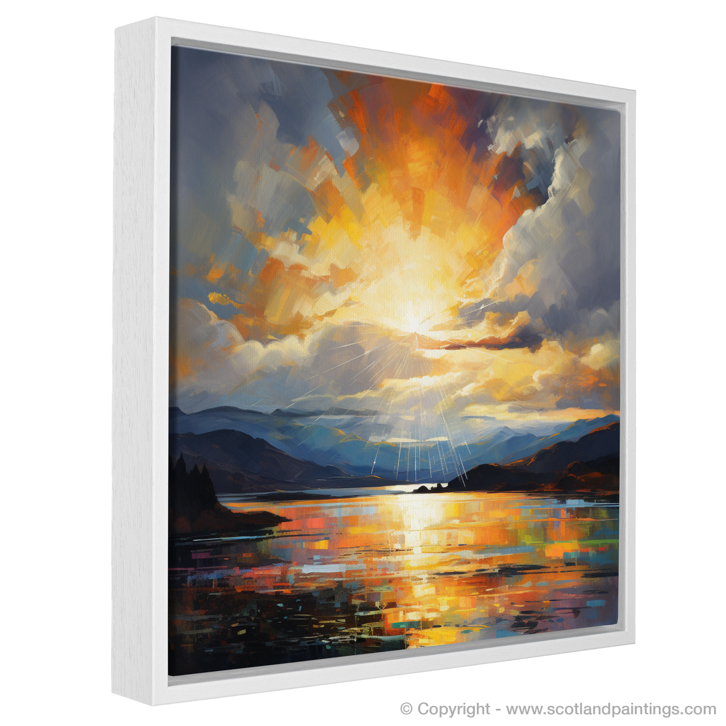 Painting and Art Print of Sun rays through clouds above Loch Lomond entitled "Sun Rays over Loch Lomond: An Expressionist Ode to Nature's Grandeur".