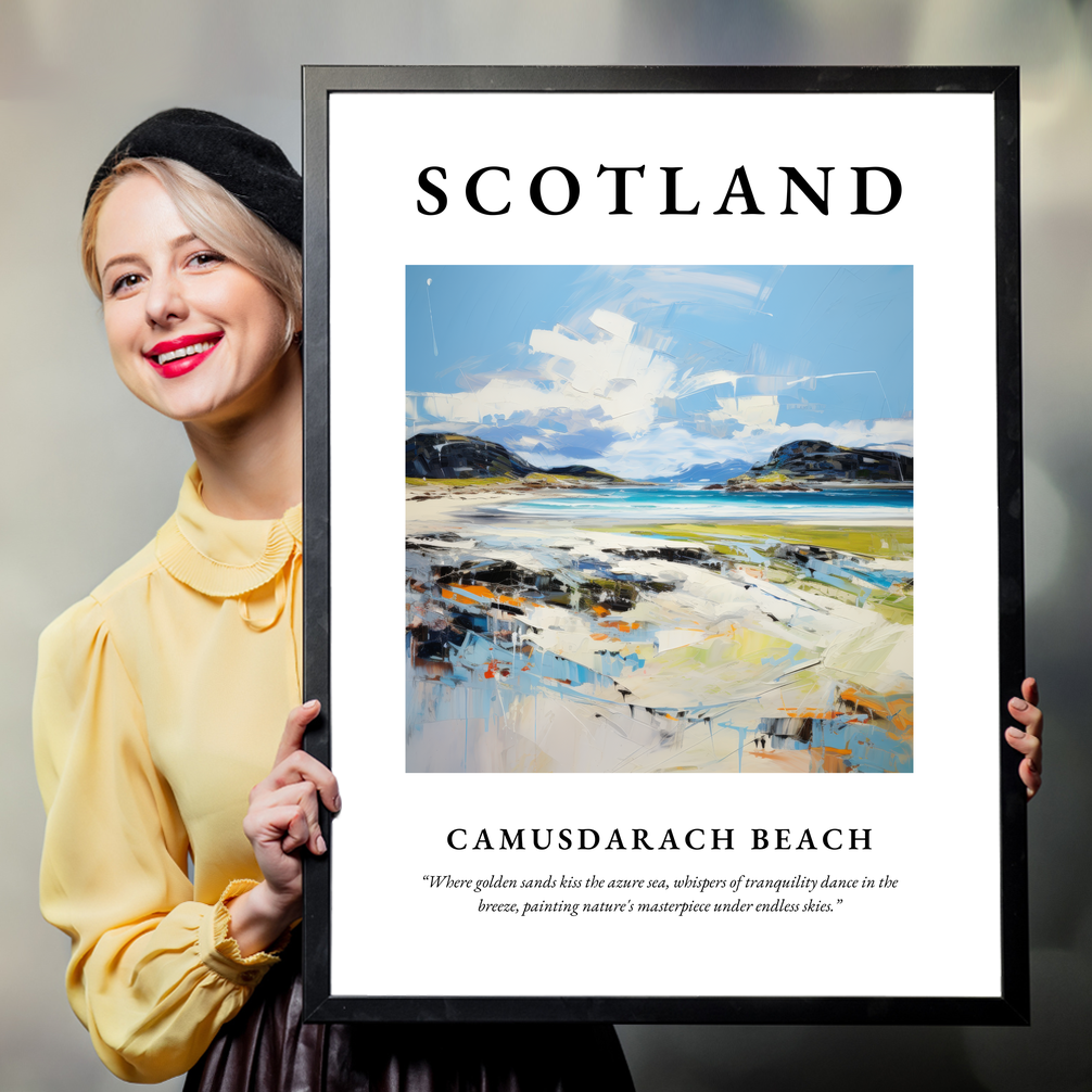 Person holding a poster of Camusdarach Beach