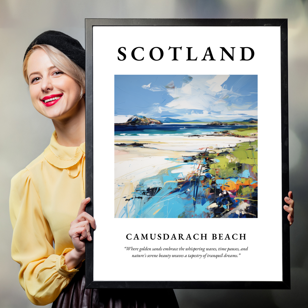 Person holding a poster of Camusdarach Beach