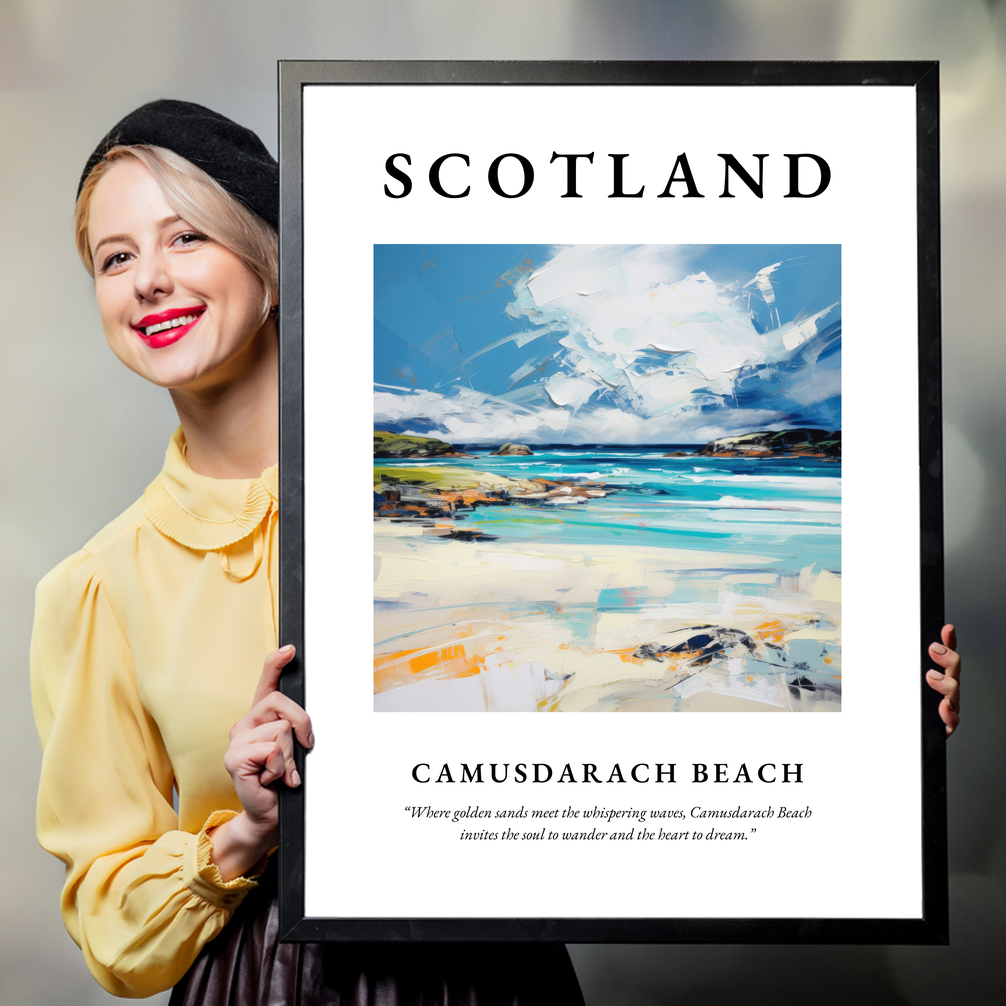 Person holding a poster of Camusdarach Beach