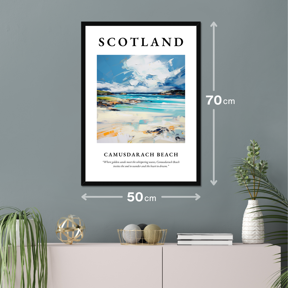 Poster of Camusdarach Beach hanging on a wall