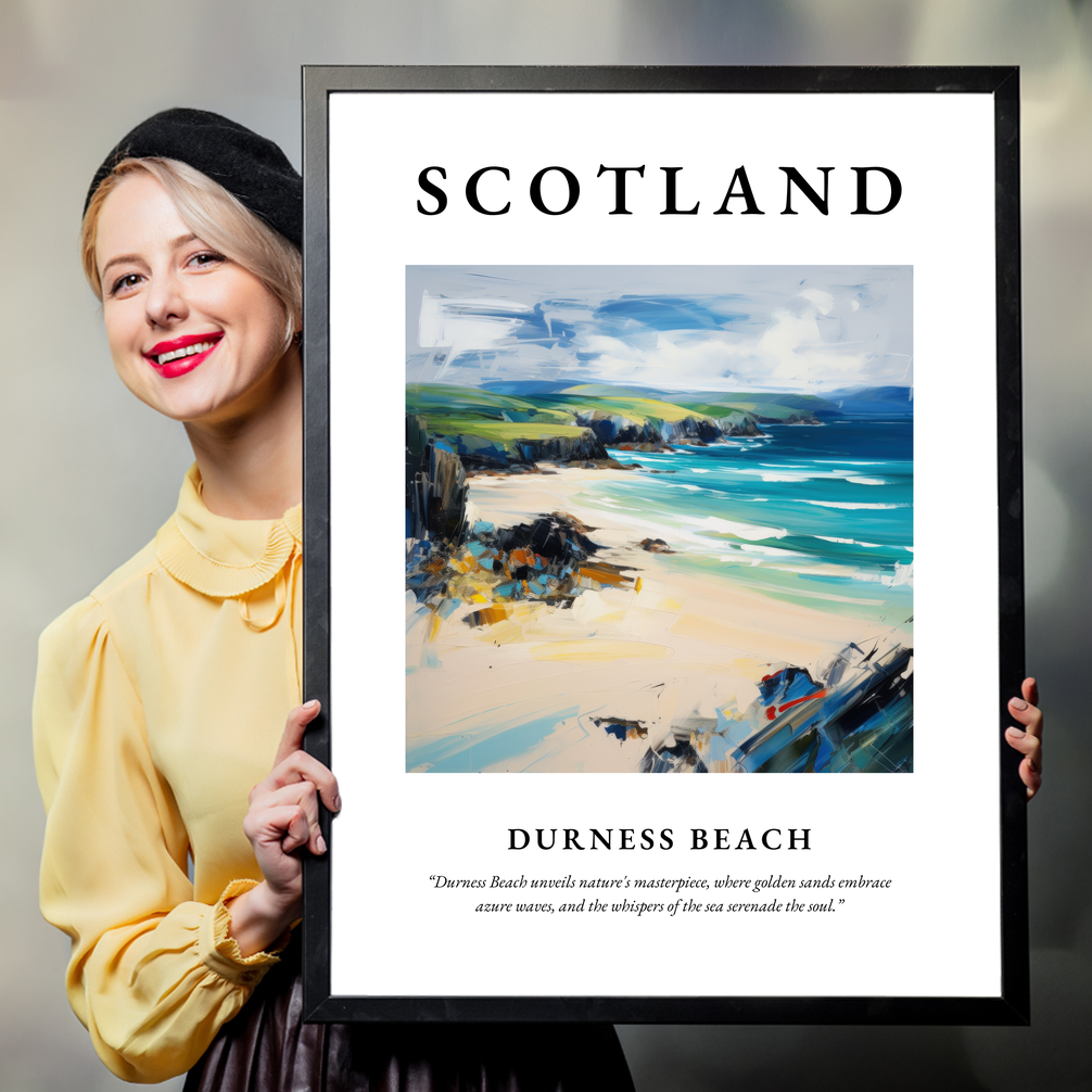 Person holding a poster of Durness Beach