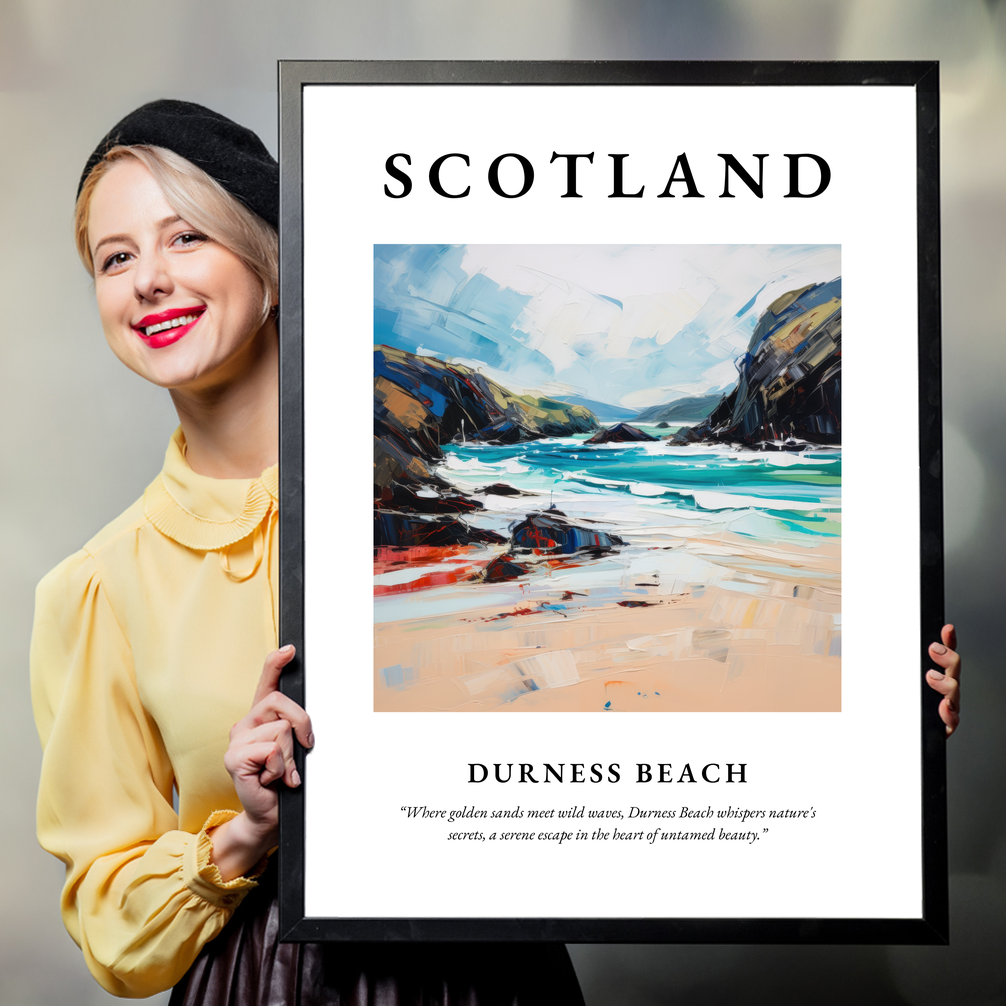 Person holding a poster of Durness Beach