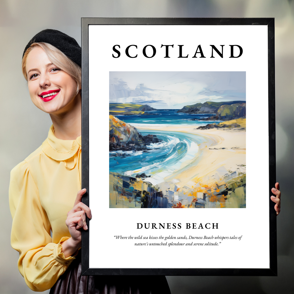 Person holding a poster of Durness Beach