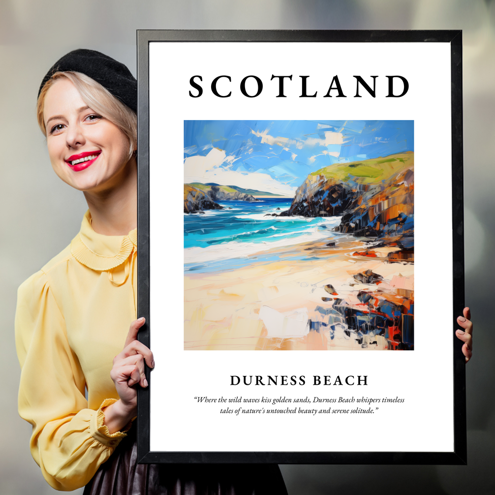 Person holding a poster of Durness Beach